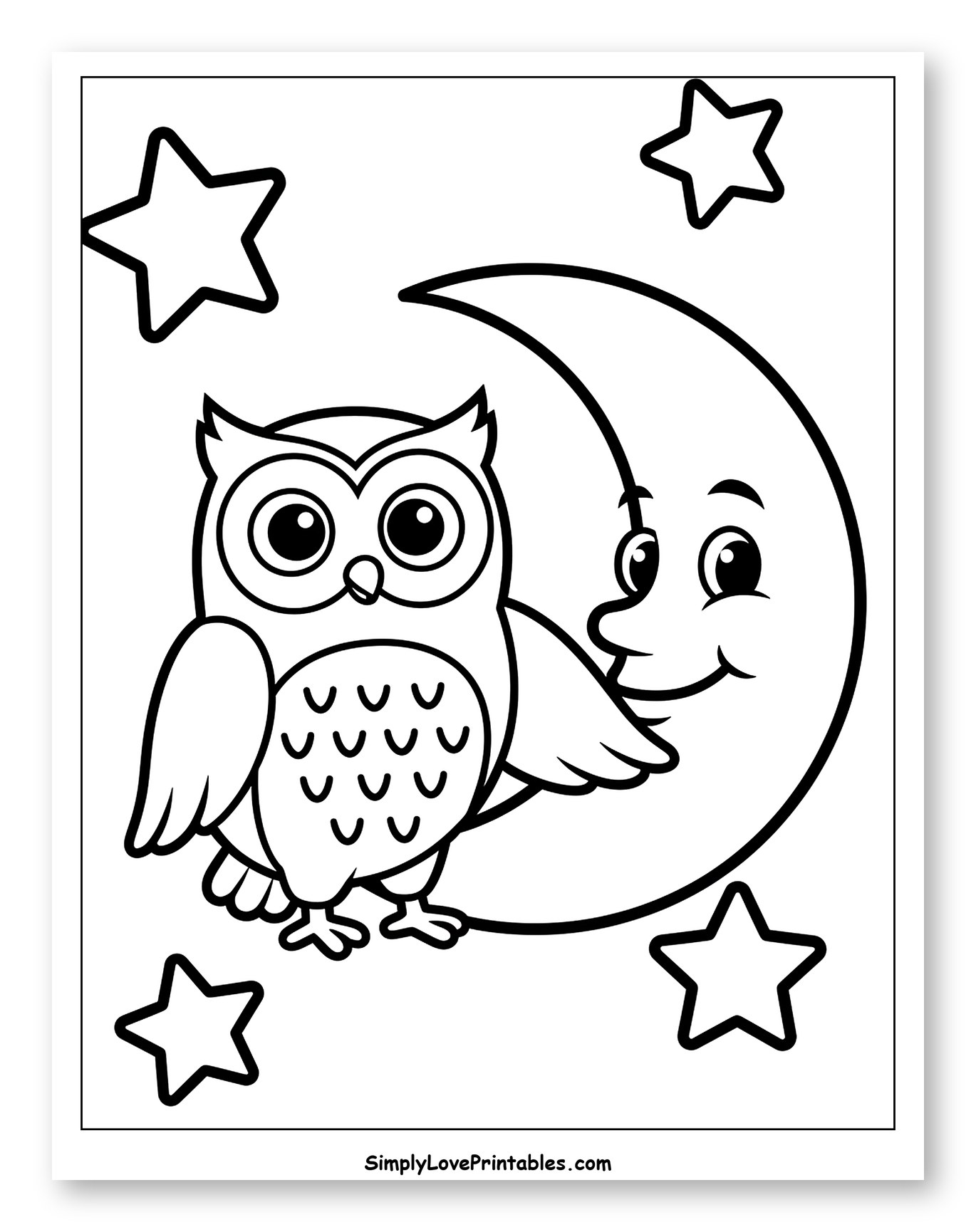 Adorable Owl and Smiling Moon with Stars Coloring Page for Toddlers