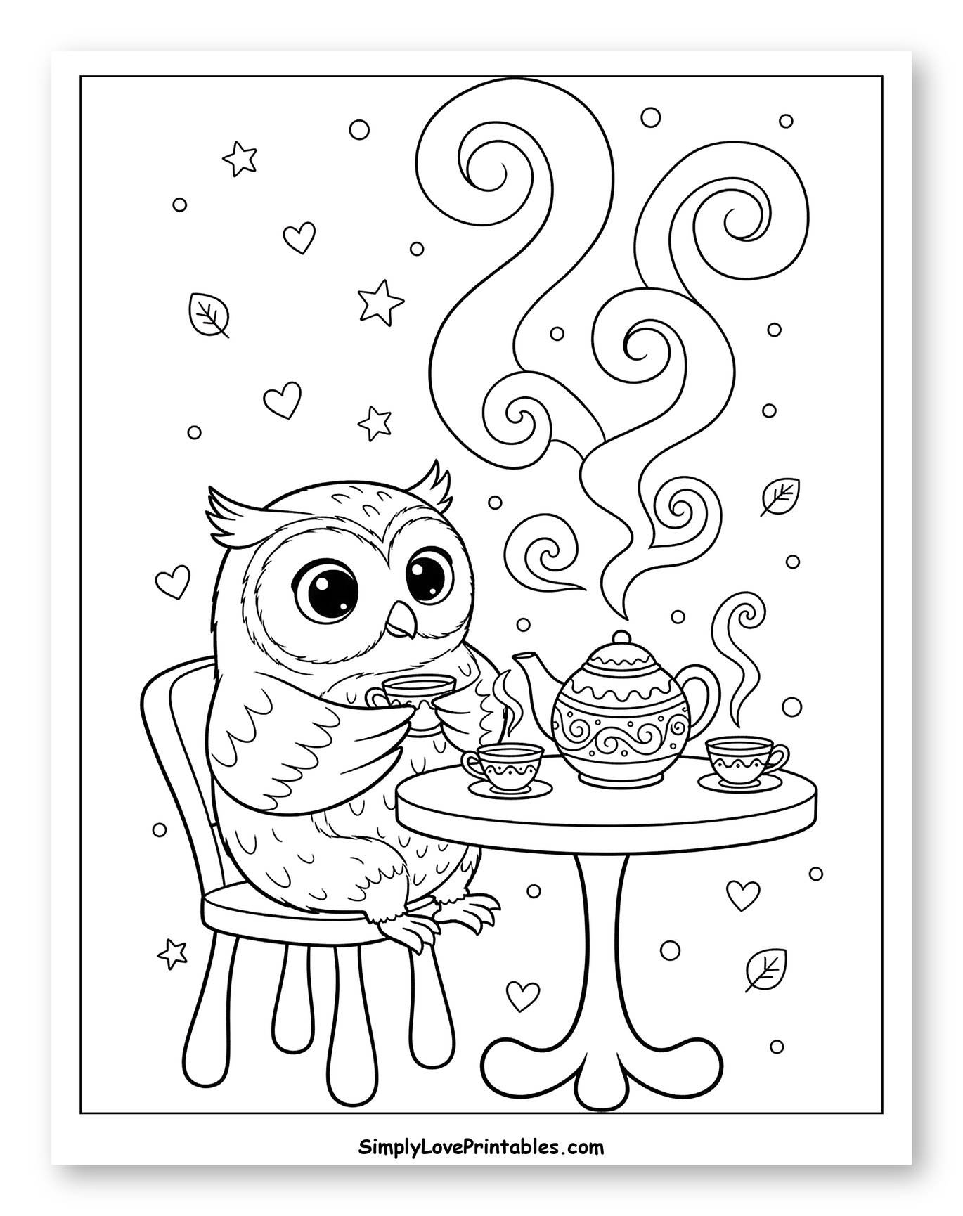 Adorable Owl Enjoying a Tea Party to Color for Adults