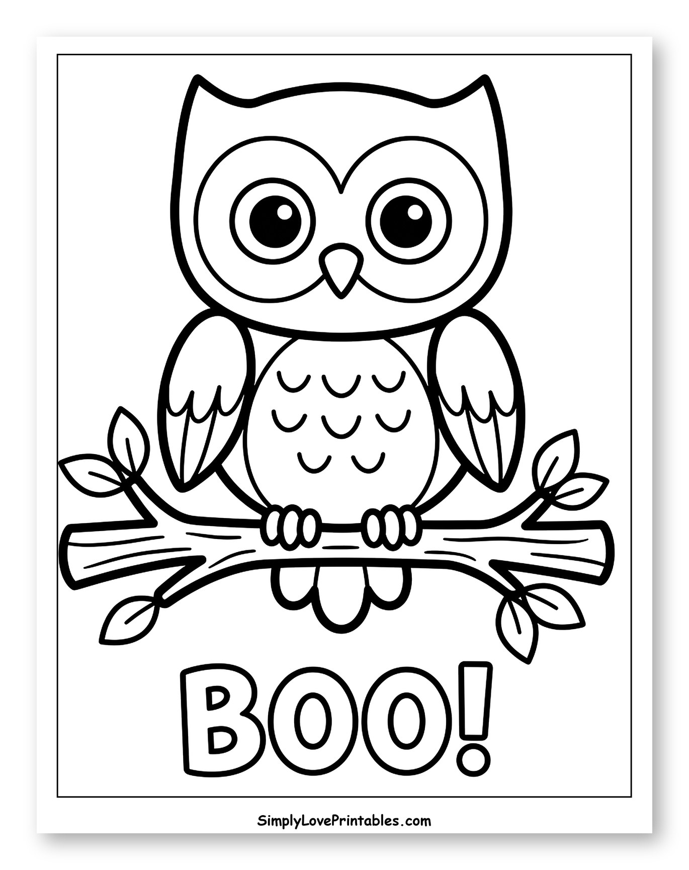 Adorable Owl on Branch with "BOO!" Coloring Sheet for Toddlers