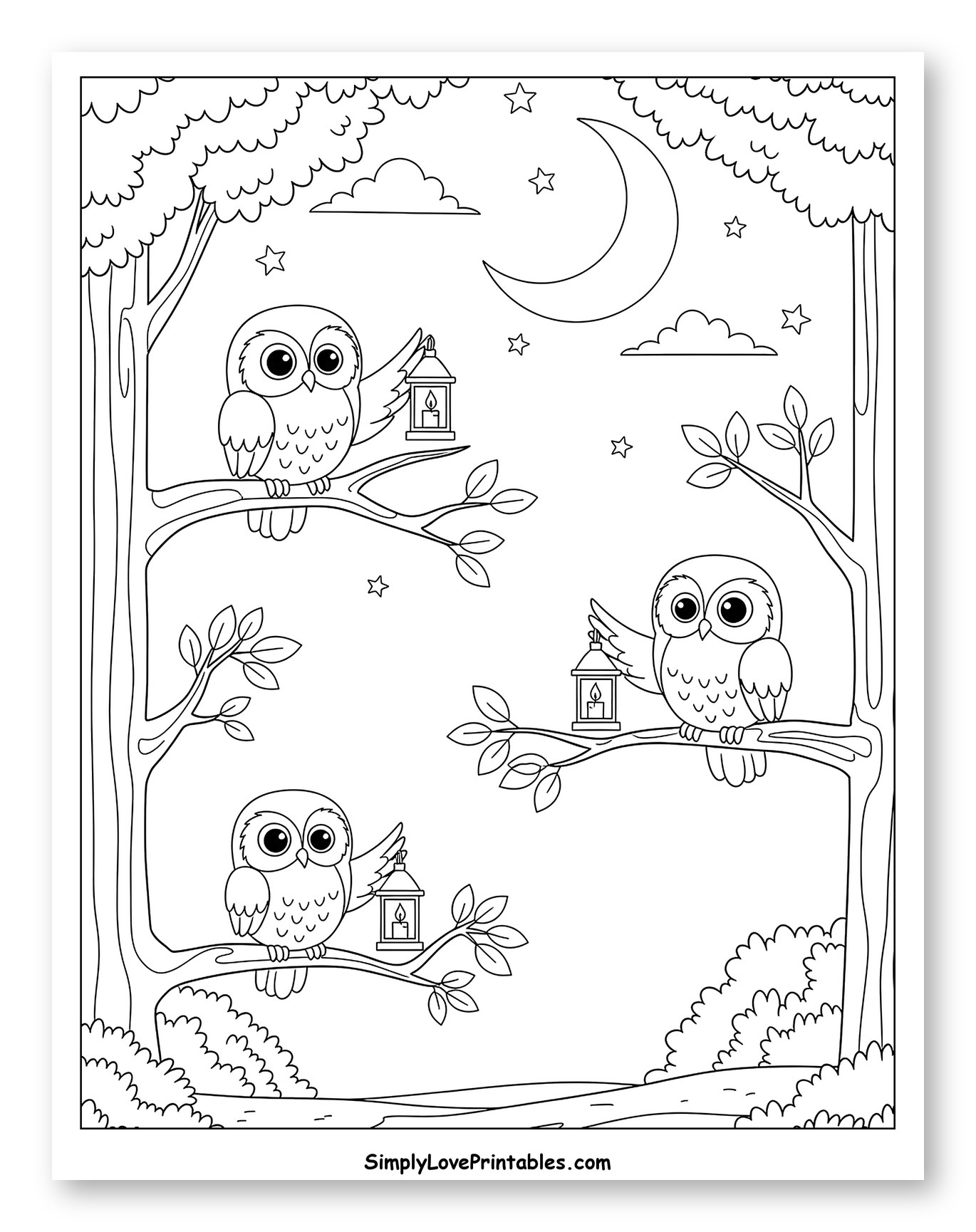 Adorable Owls with Lanterns in Moonlit Forest Coloring Sheet for Kids