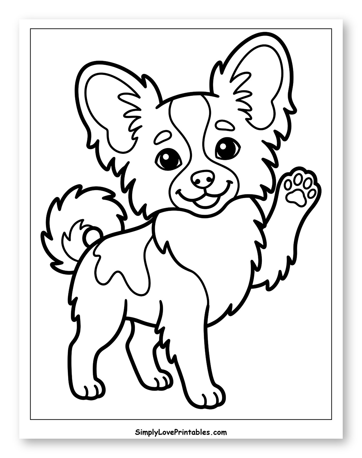 Adorable Papillon Puppy Waving Paw Coloring Page for Toddlers