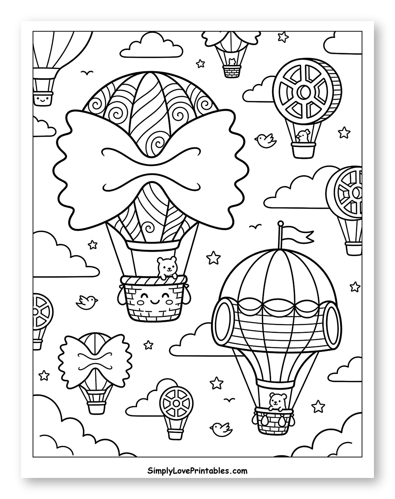 Adorable Pasta Hot Air Balloons in Sky to Color for Kids