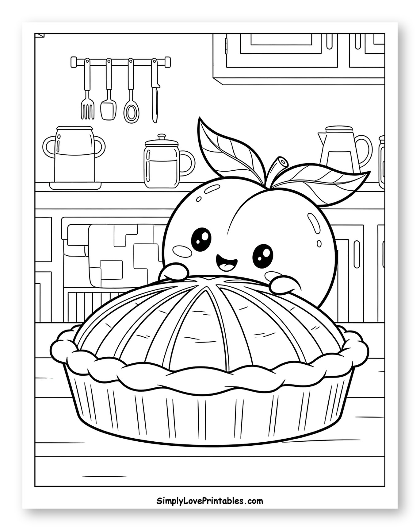 Adorable Peach Hiding Behind a Warm Pie to Color for Kids