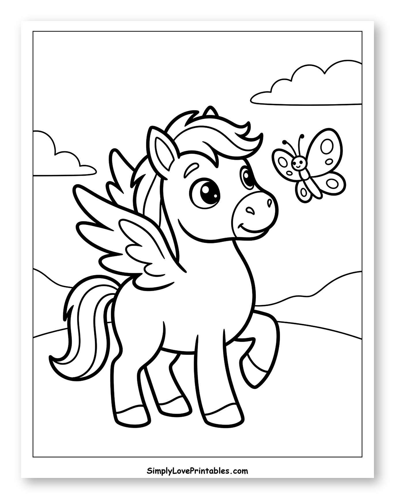 Adorable Pegasus Gazing at a Butterfly to Color for Toddlers