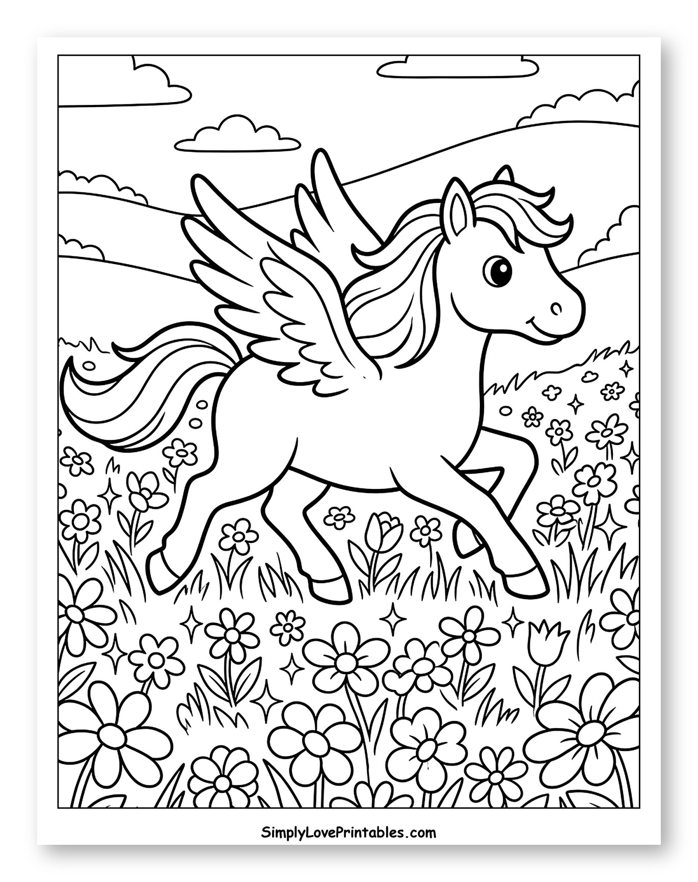 Adorable Pegasus Trotting Through Flowers to Color for Kids