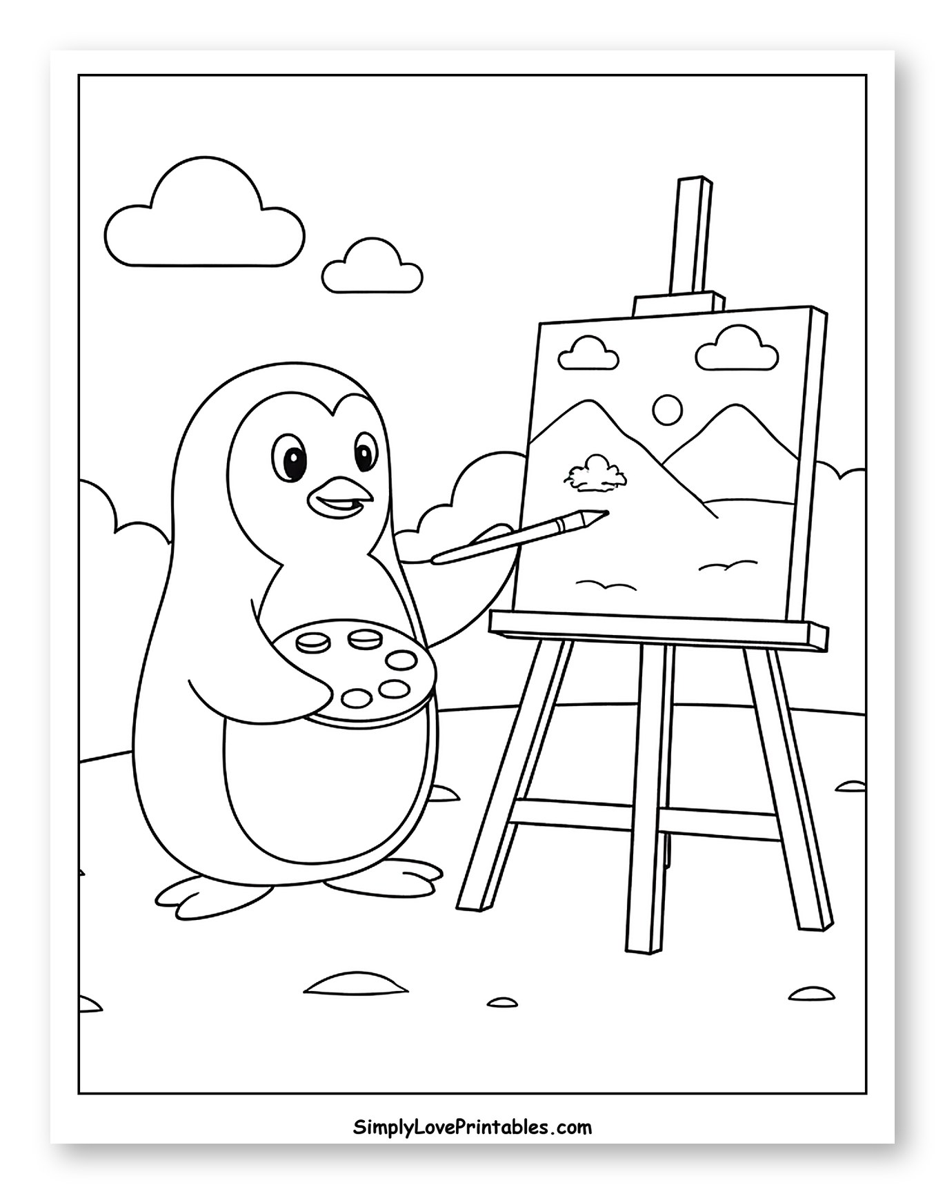 Adorable Penguin Painting a Mountain Scene Coloring Page for Kids
