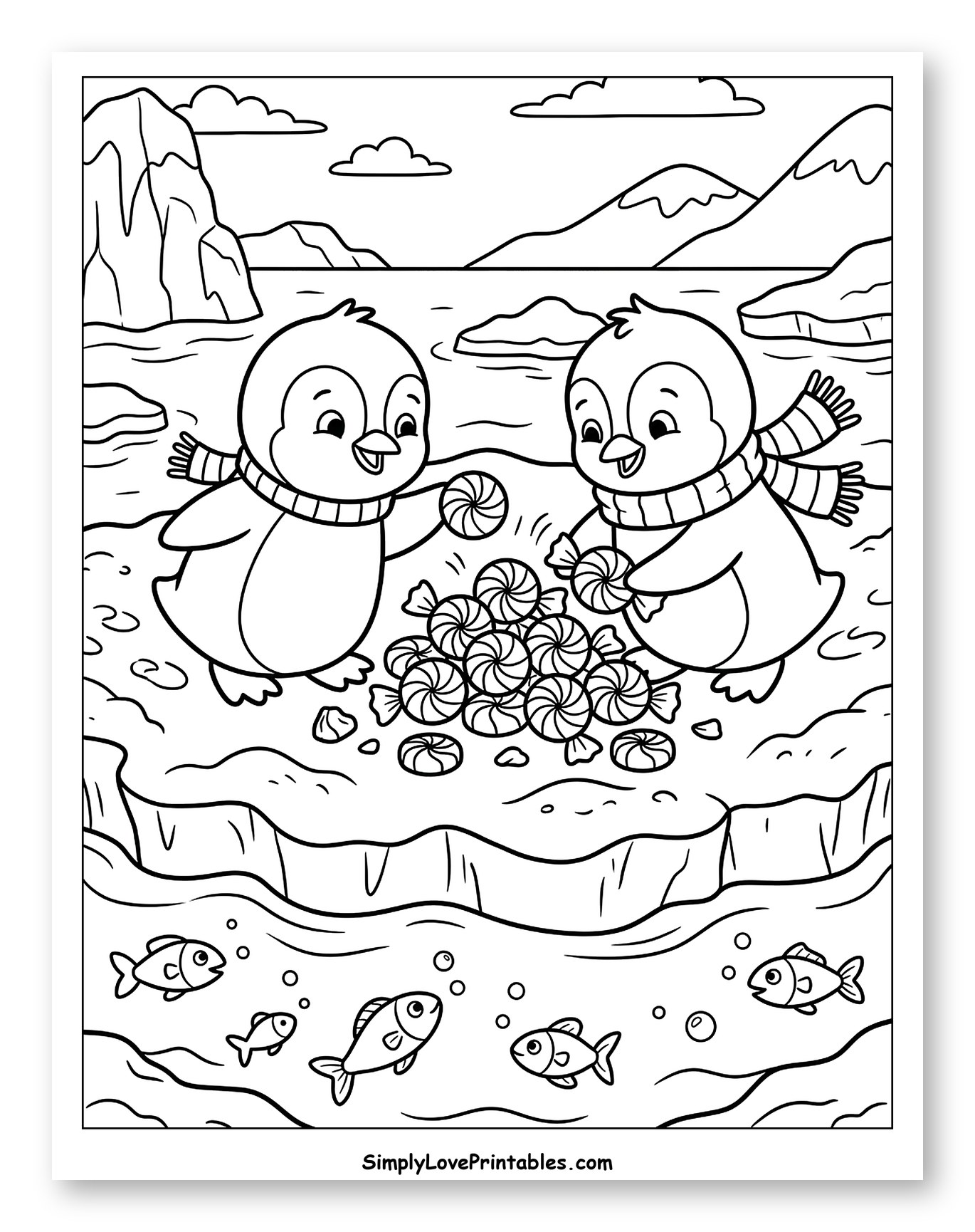 Adorable Penguins Sharing Peppermints on Ice Coloring Page for Kids