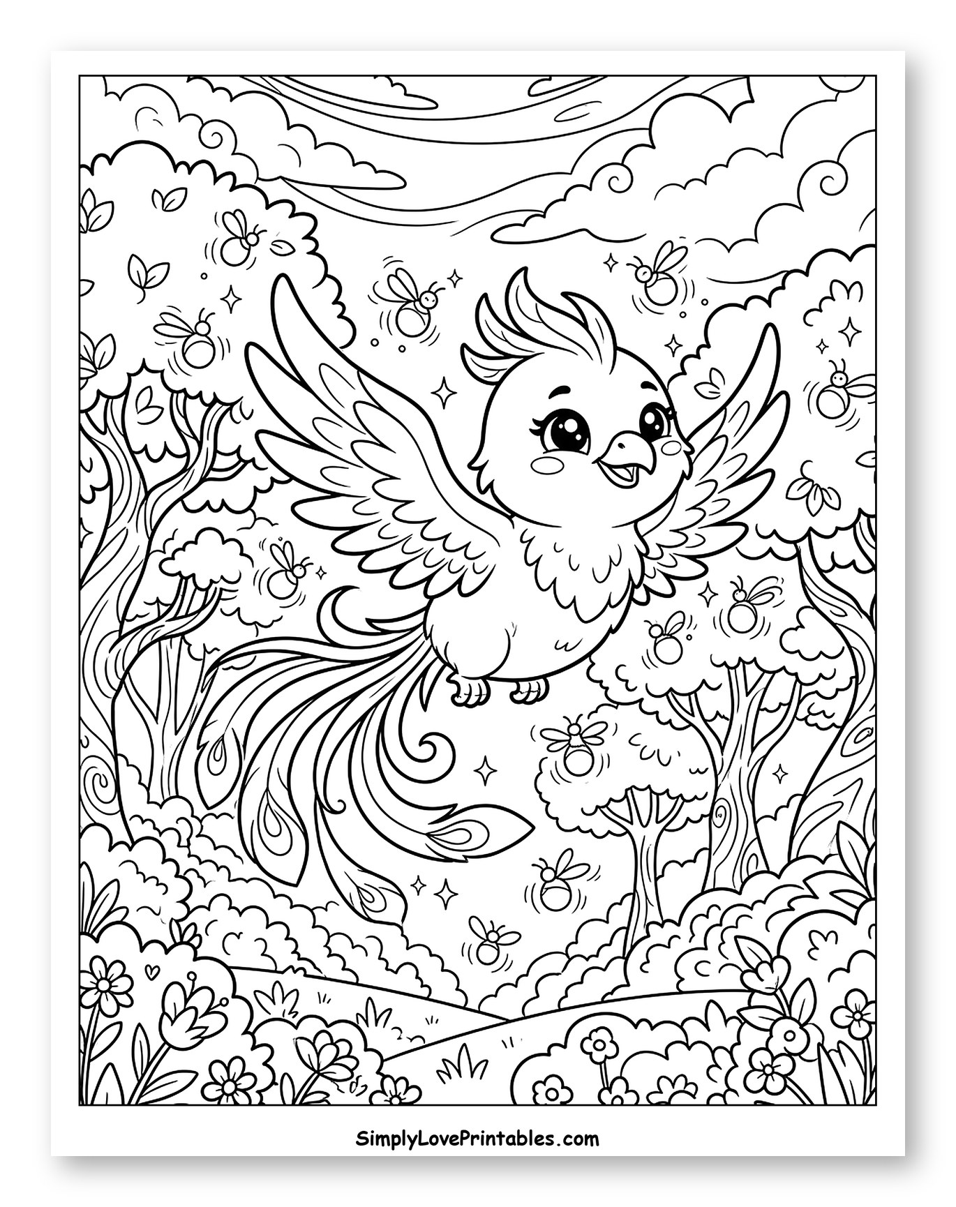 Adorable Phoenix Flying with Fireflies