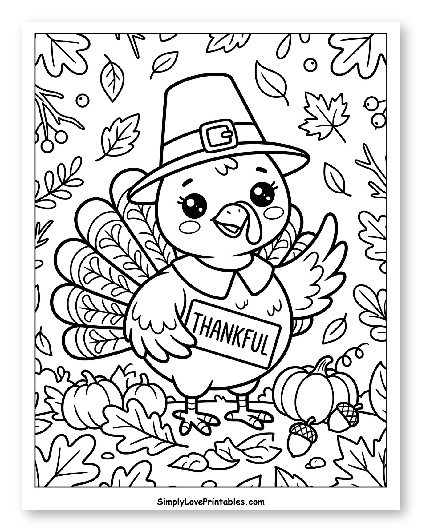 Adorable Pilgrim Turkey Surrounded by Autumn Harvest to Color for Kids