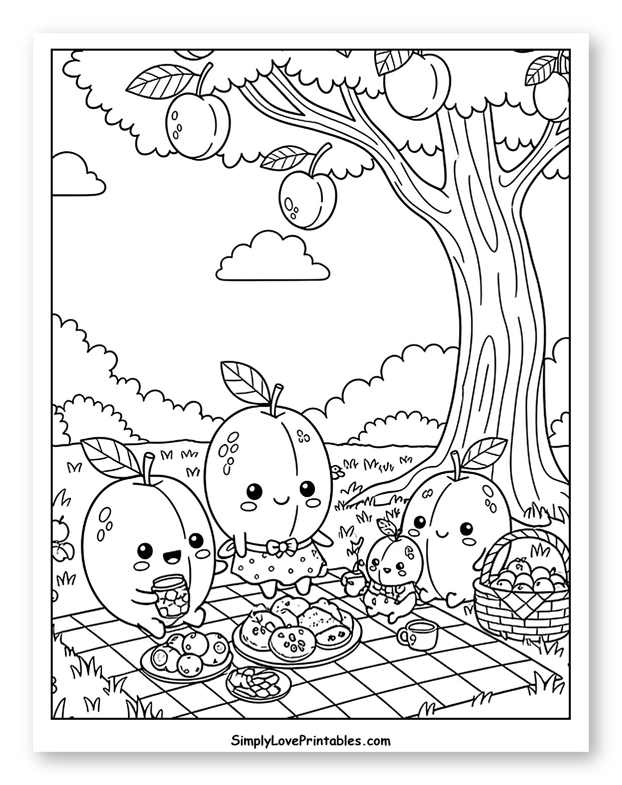 Adorable Plum Family Picnic Under a Plum Tree Coloring Sheet for Kids