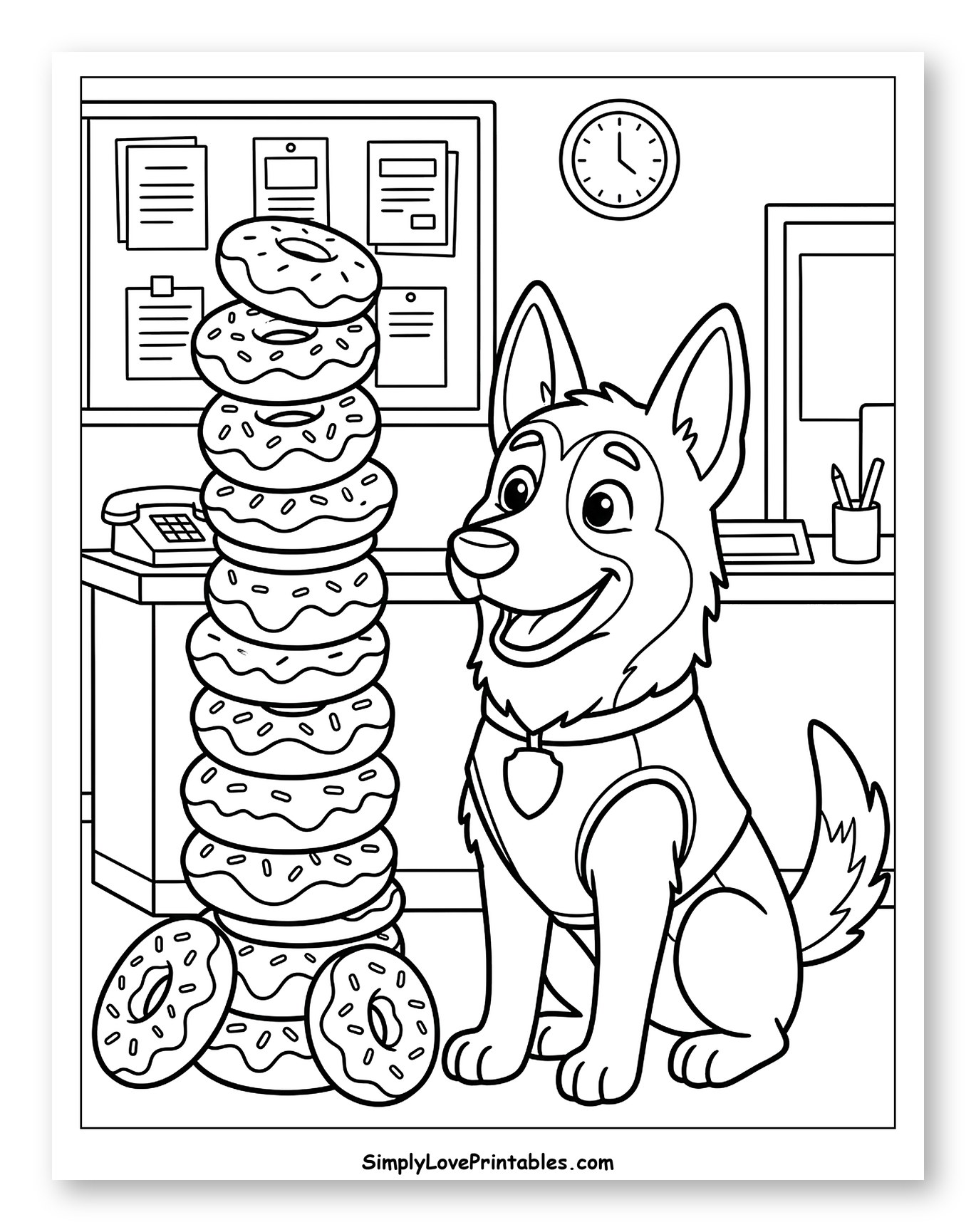 Adorable Police Dog Next to Donut Stack to Color for Kids