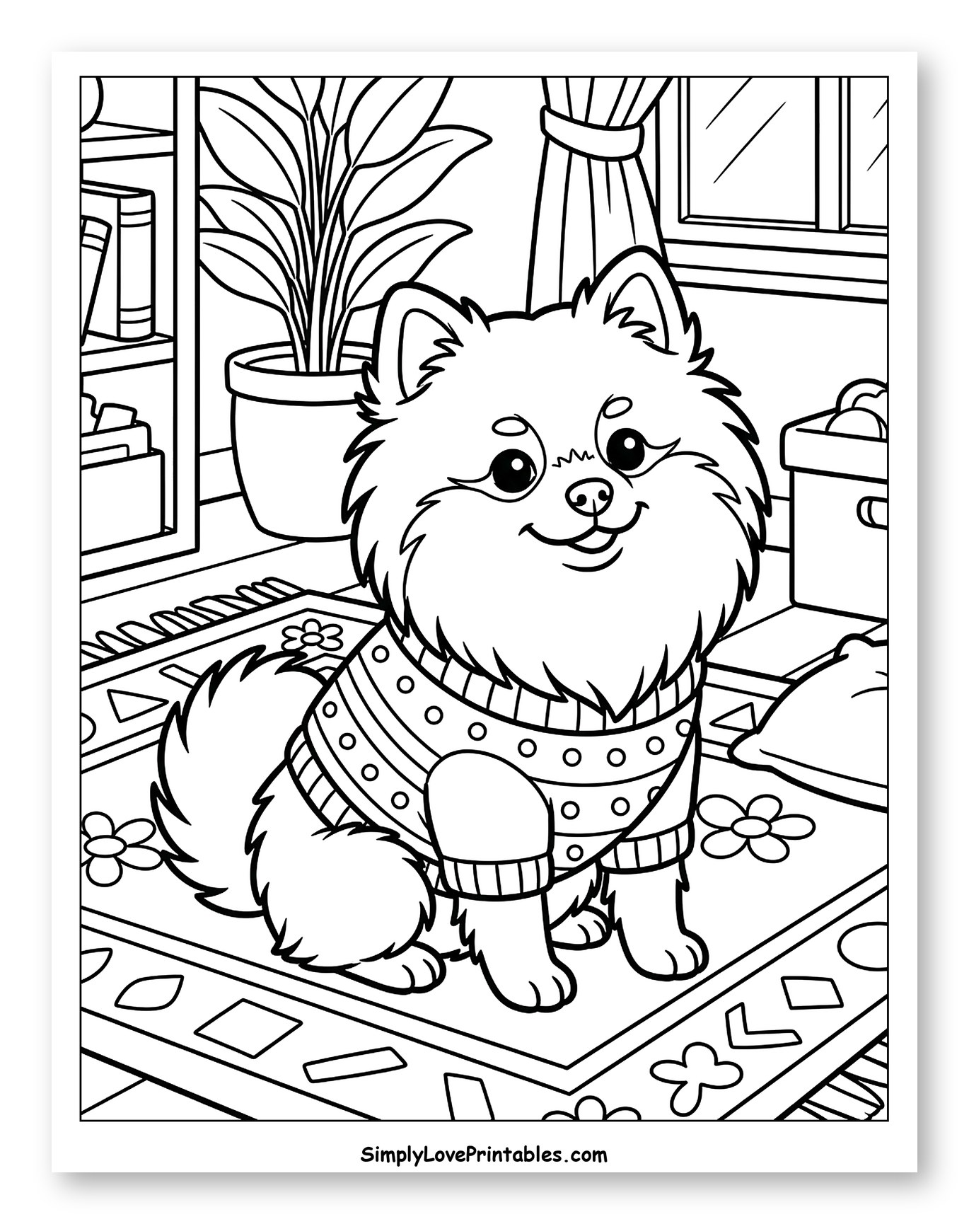 Adorable Pomeranian Wearing Sweater at Home Coloring Sheet for Kids