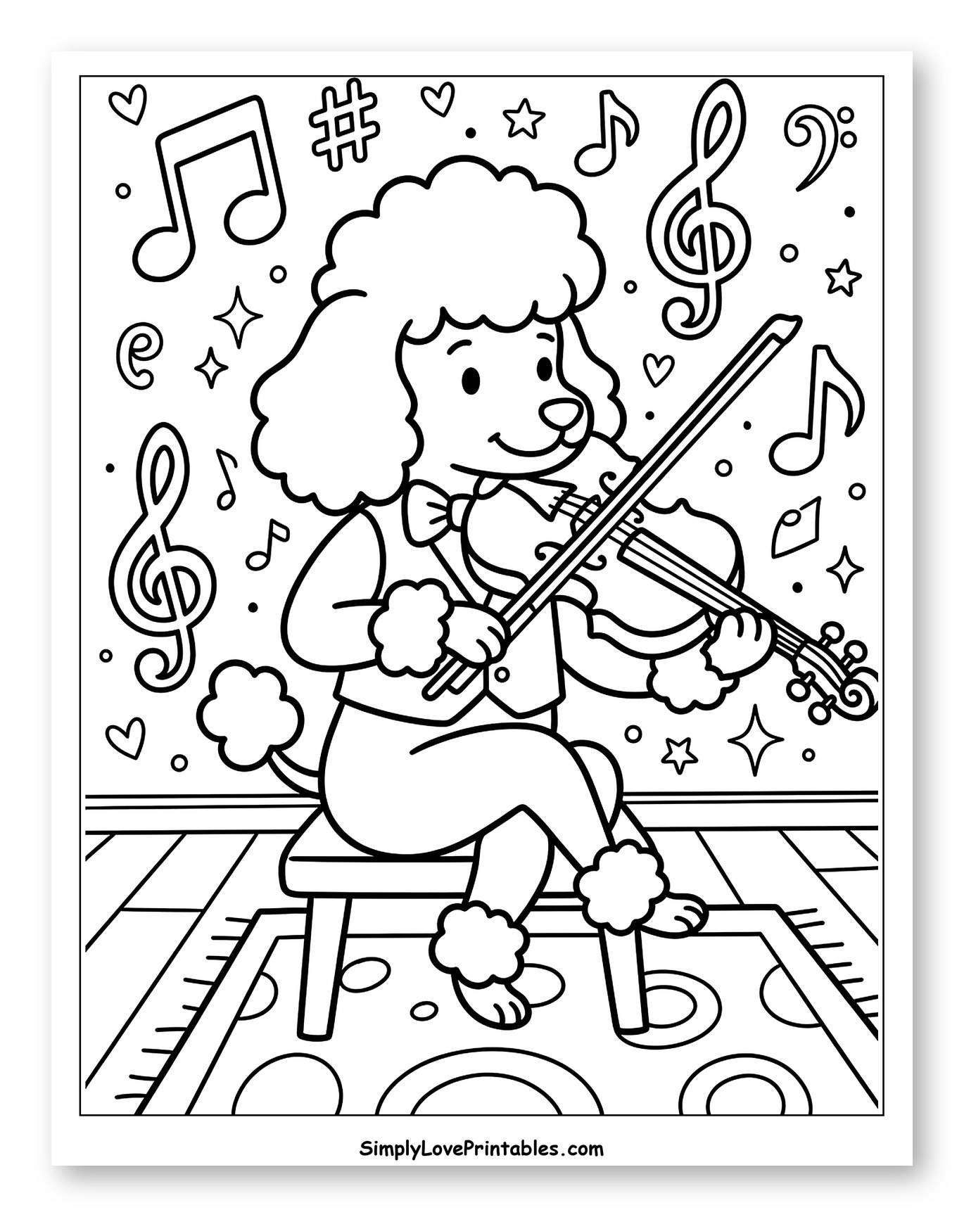 Adorable Poodle Violinist Surrounded by Music Coloring Page for Adults