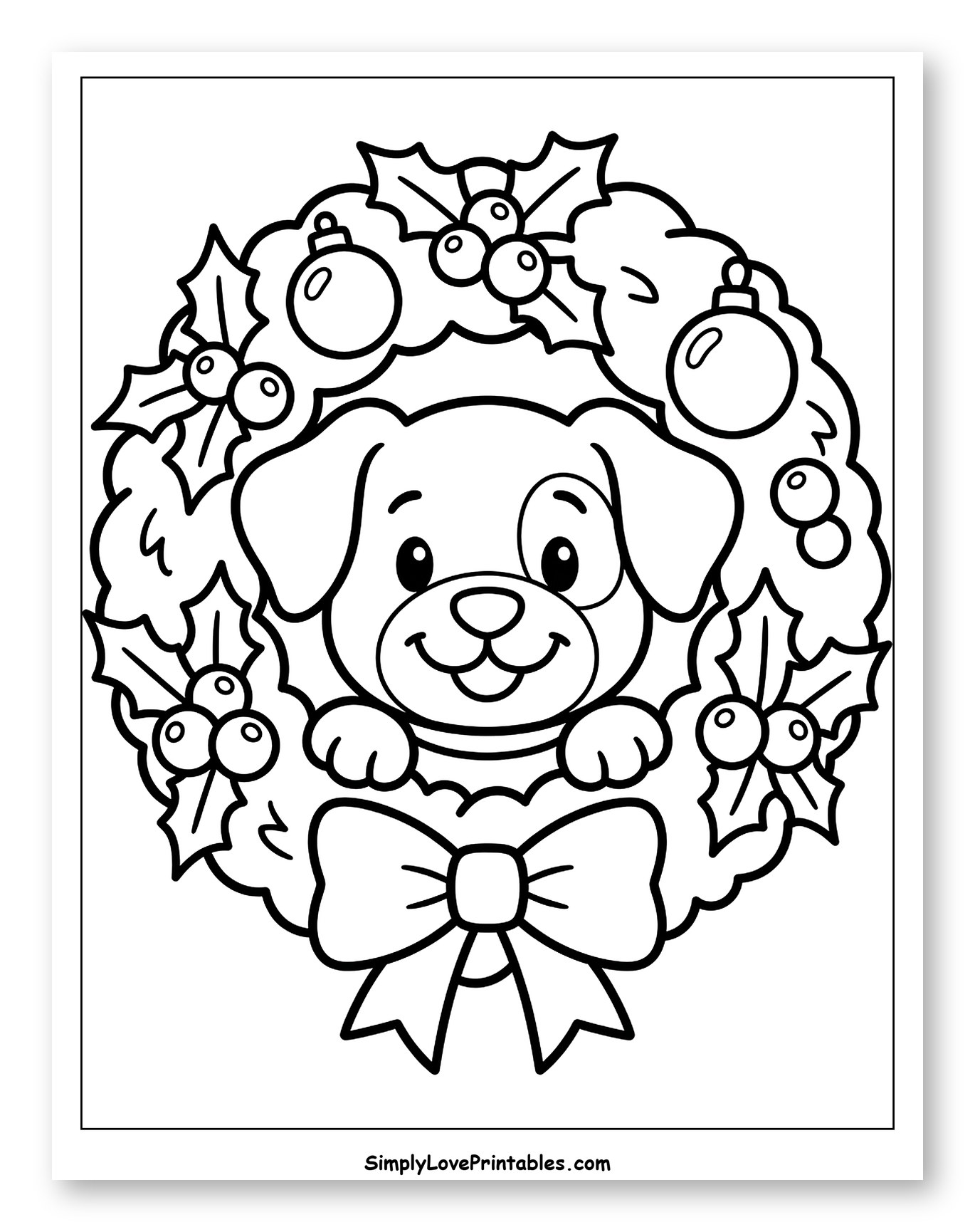 Adorable Puppy Peeking through a Christmas Wreath Coloring Sheet for Toddlers