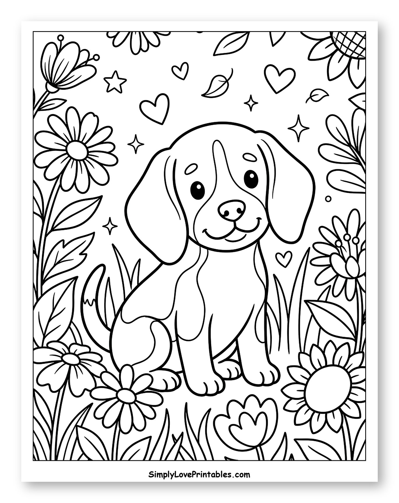 Adorable Puppy Surrounded by Blooming Flowers to Color for Adults