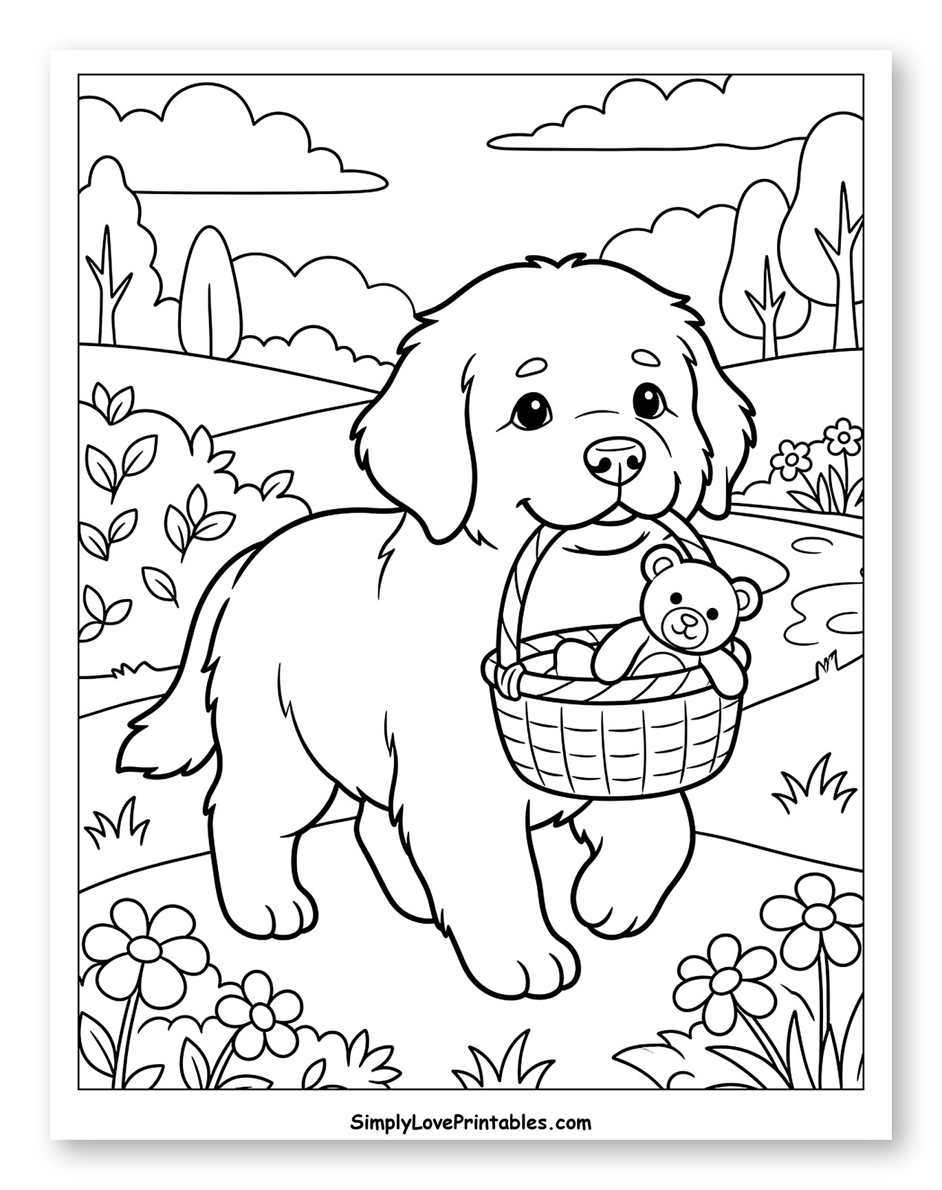 Adorable Puppy Walking with Basket and Teddy Bear