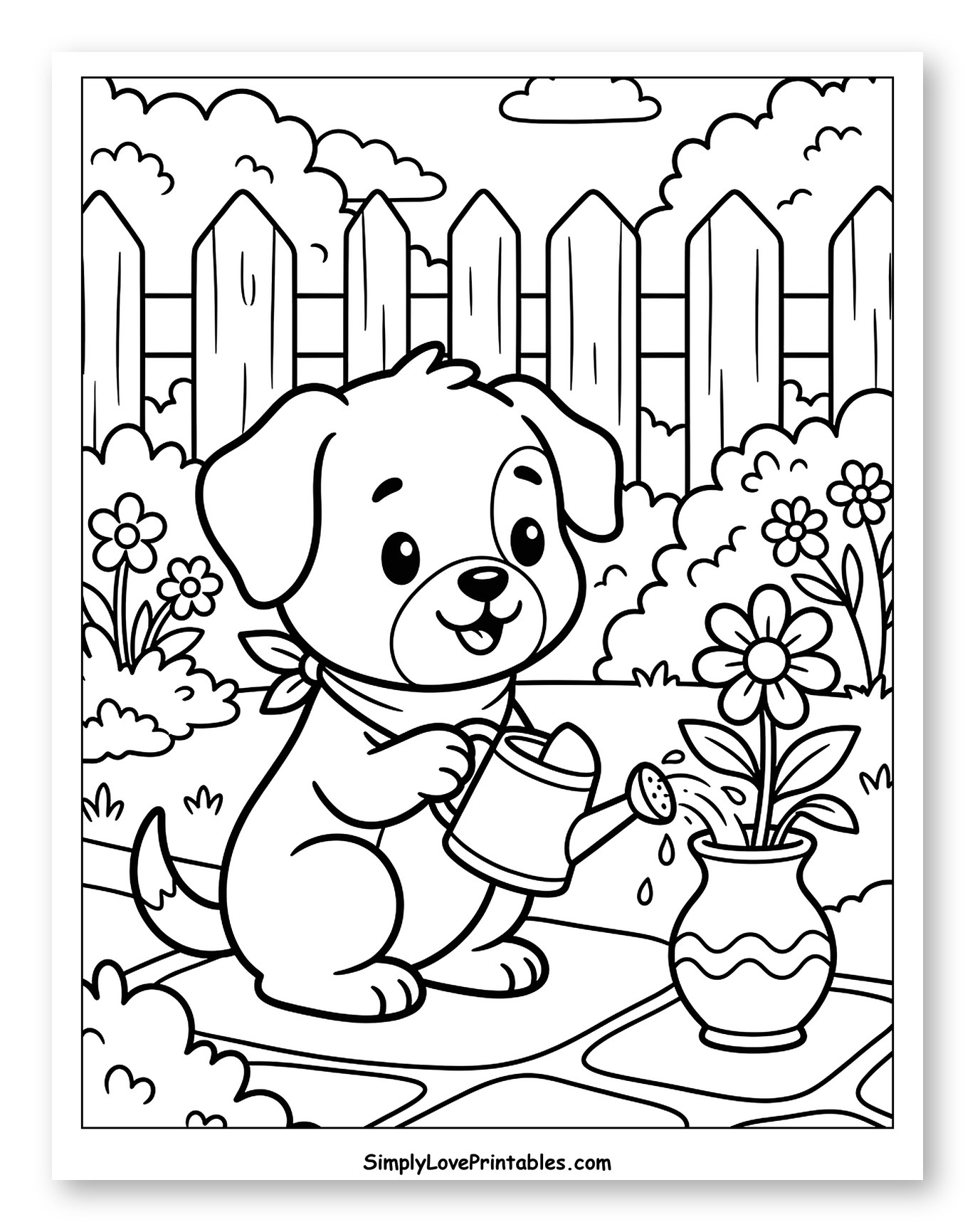 Adorable Puppy Watering Potted Flower in Garden