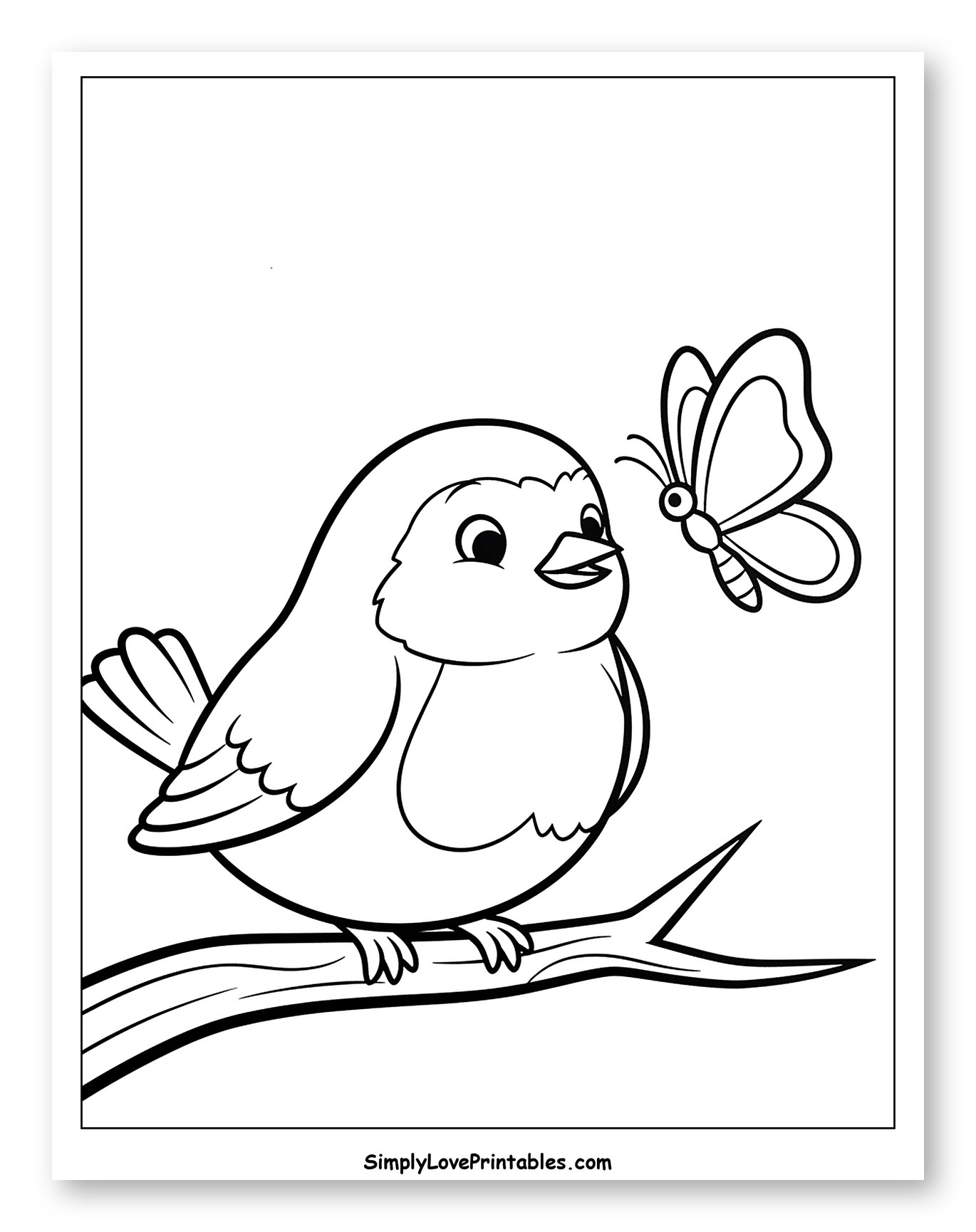 Adorable Robin and Butterfly Encounter to Color for Toddlers