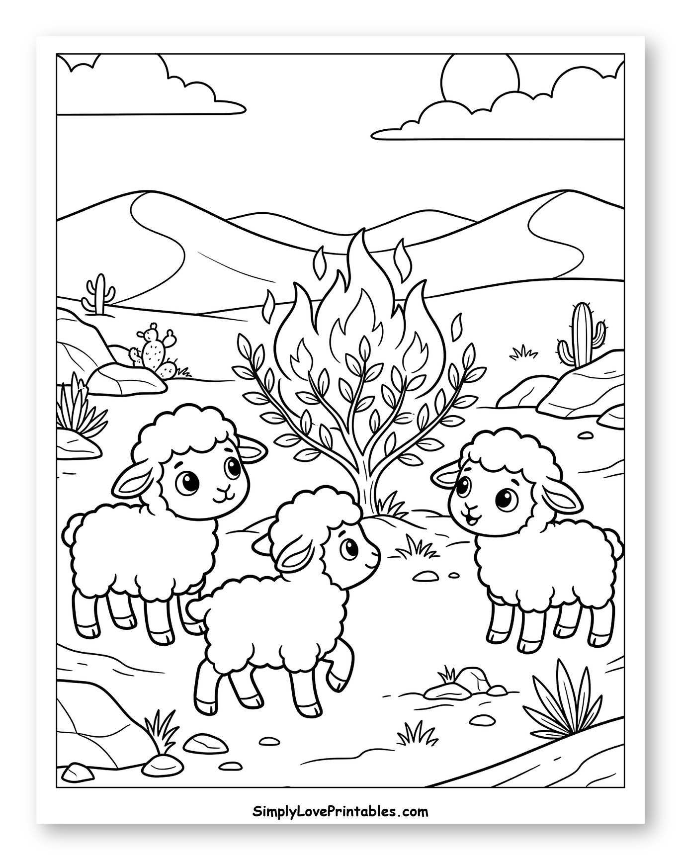 Adorable Sheep Discover the Burning Bush Coloring Sheet for Kids