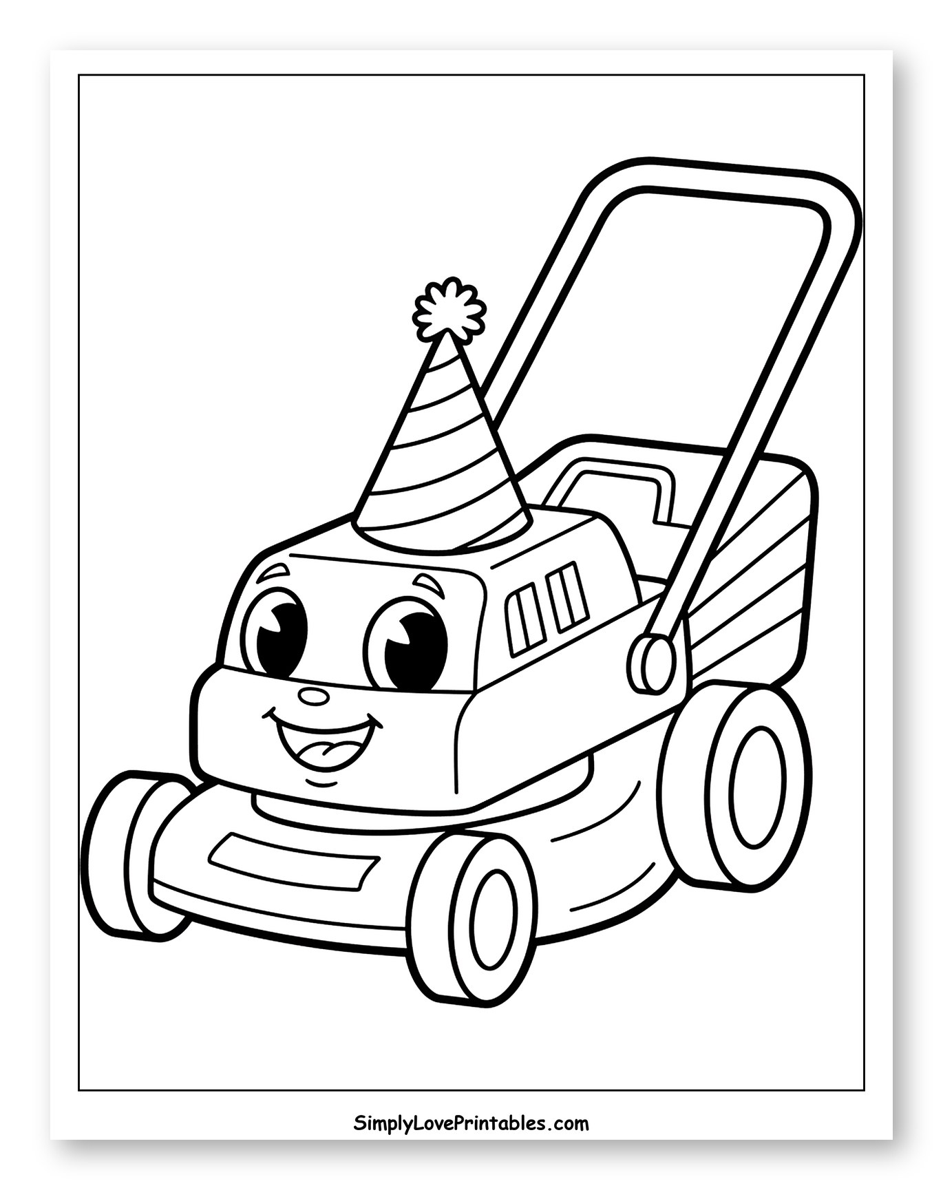 Adorable Smiling Lawn Mower with Party Hat Coloring Page for Toddlers