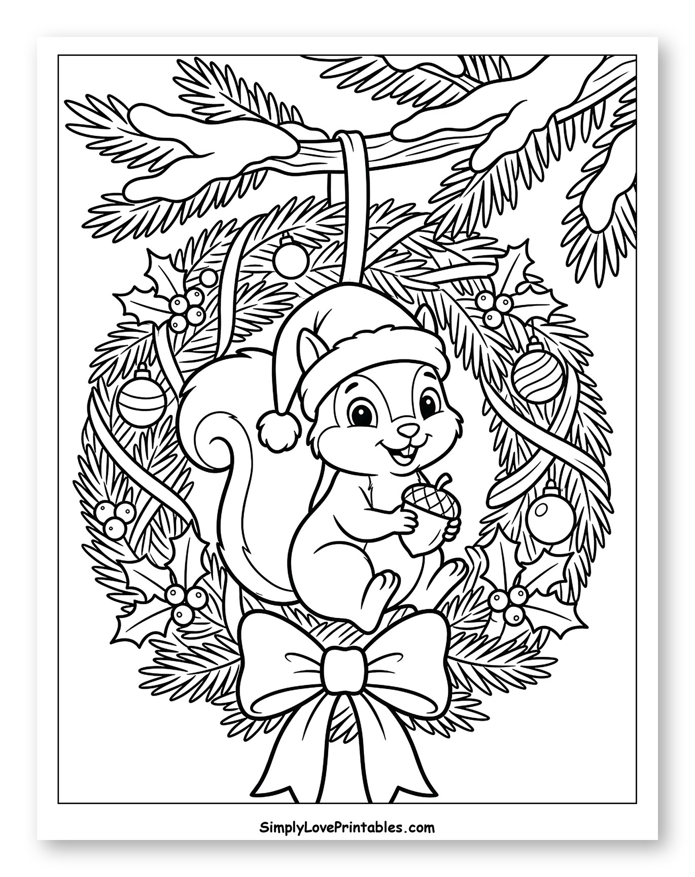 Adorable Squirrel in a Festive Christmas Wreath Coloring Page for Kids