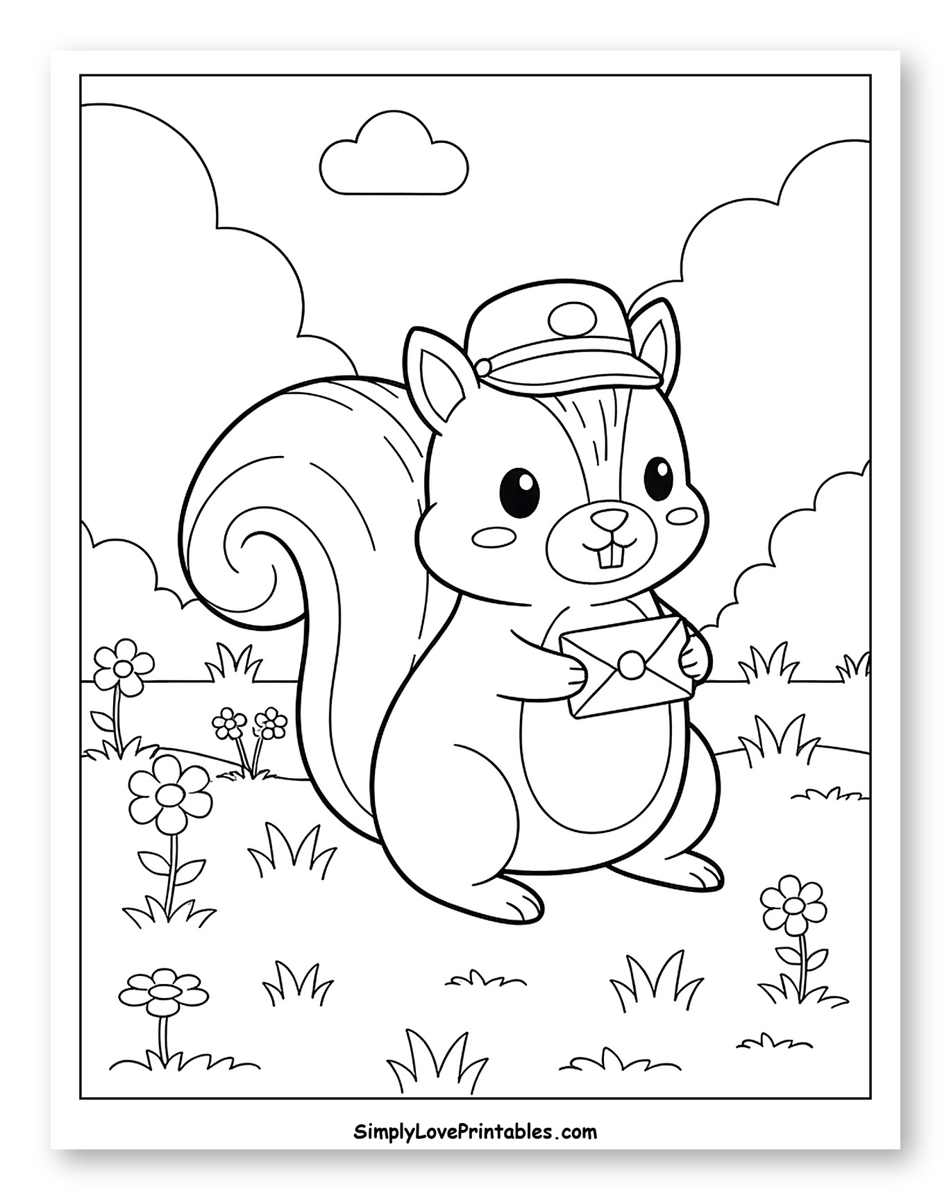 Adorable Squirrel Mailman with Letter to Color for Kids