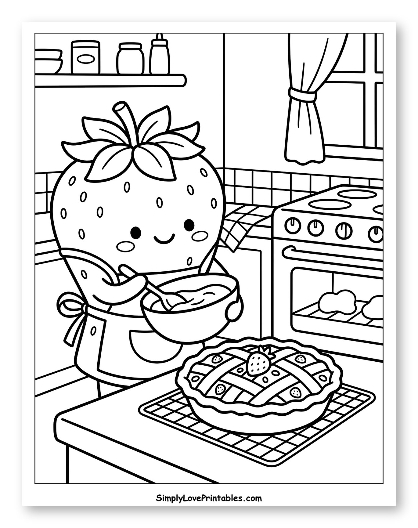 Adorable Strawberry Baking a Fresh Pie to Color for Kids