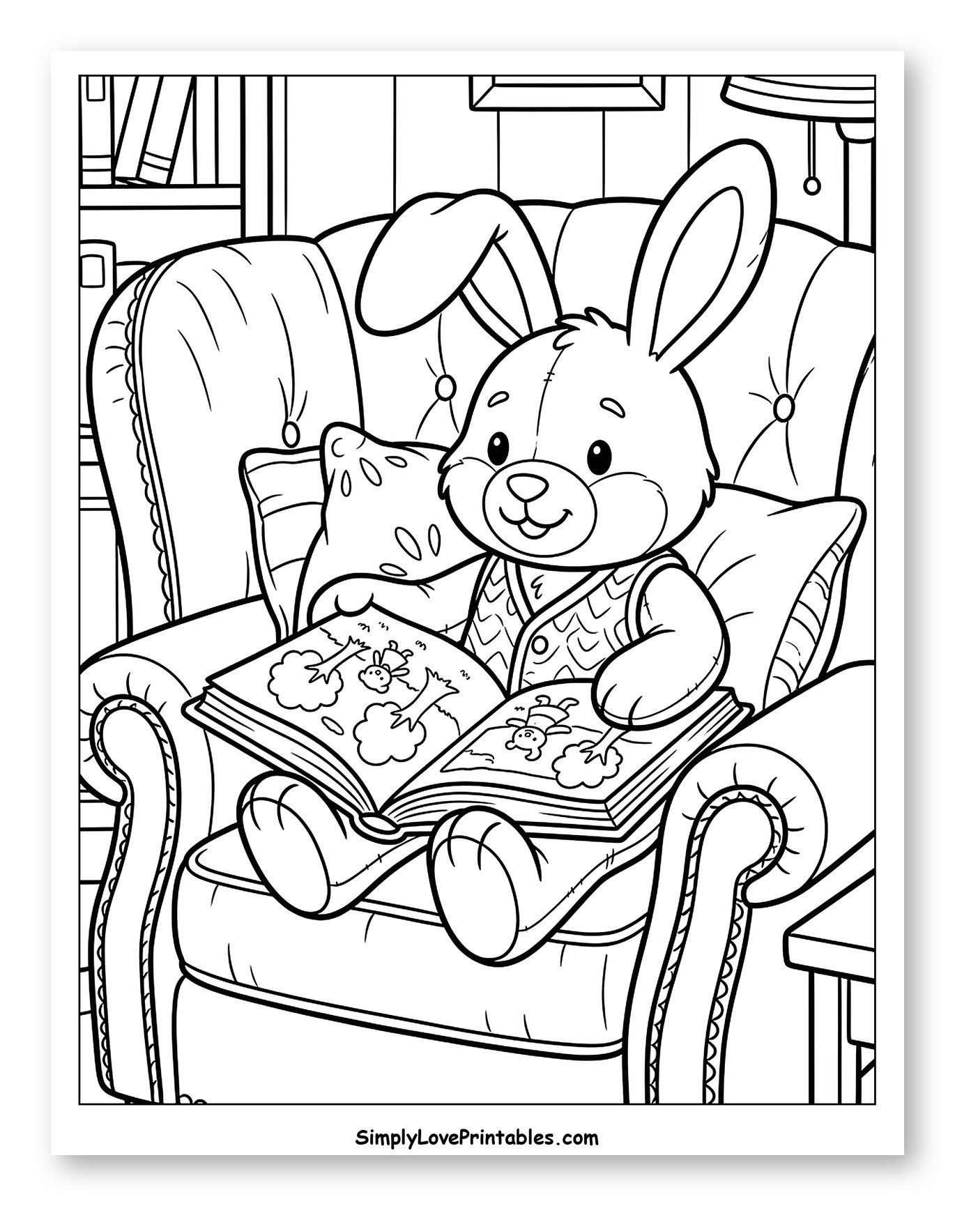 Adorable Stuffed Bunny Reading in Cozy Chair