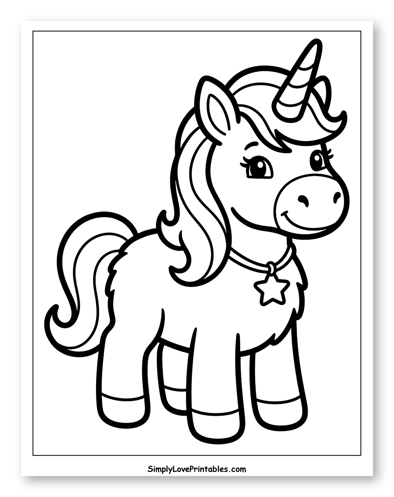 Adorable Stuffed Unicorn Wearing a Star Pendant Coloring Page for Toddlers