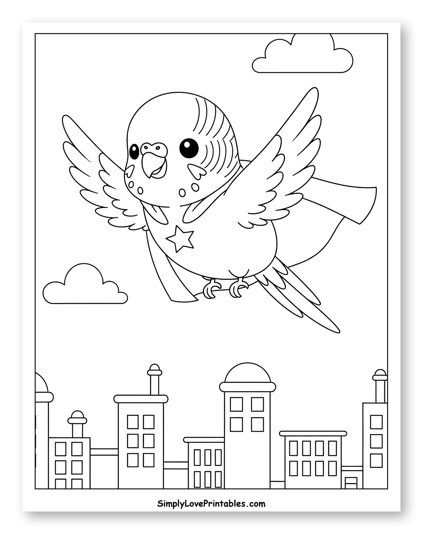 Adorable Superhero Budgie Soaring Over City