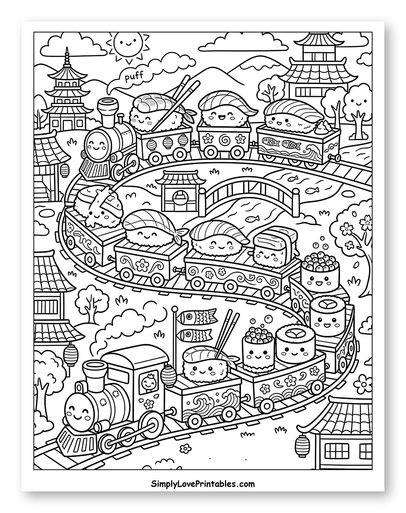 Adorable Sushi Train Journey Through Japan Coloring Page for Kids