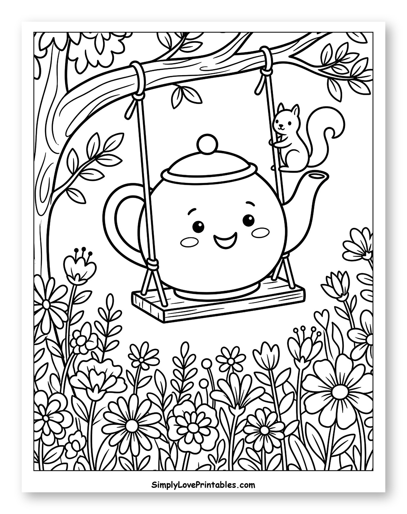 Adorable Teapot on a Swing with a Squirrel to Color for Kids