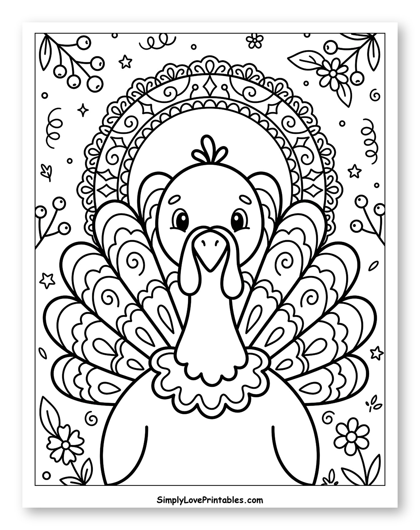 Adorable Turkey with Ornate Tail and Berries Coloring Page for Adults
