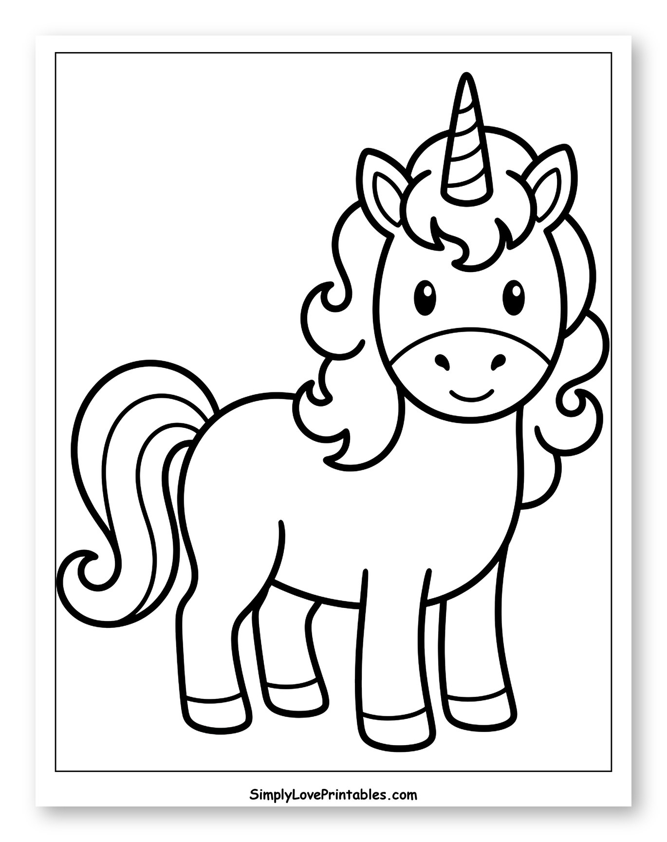 Adorable Unicorn with Curly Mane and Tail to Color for Toddlers