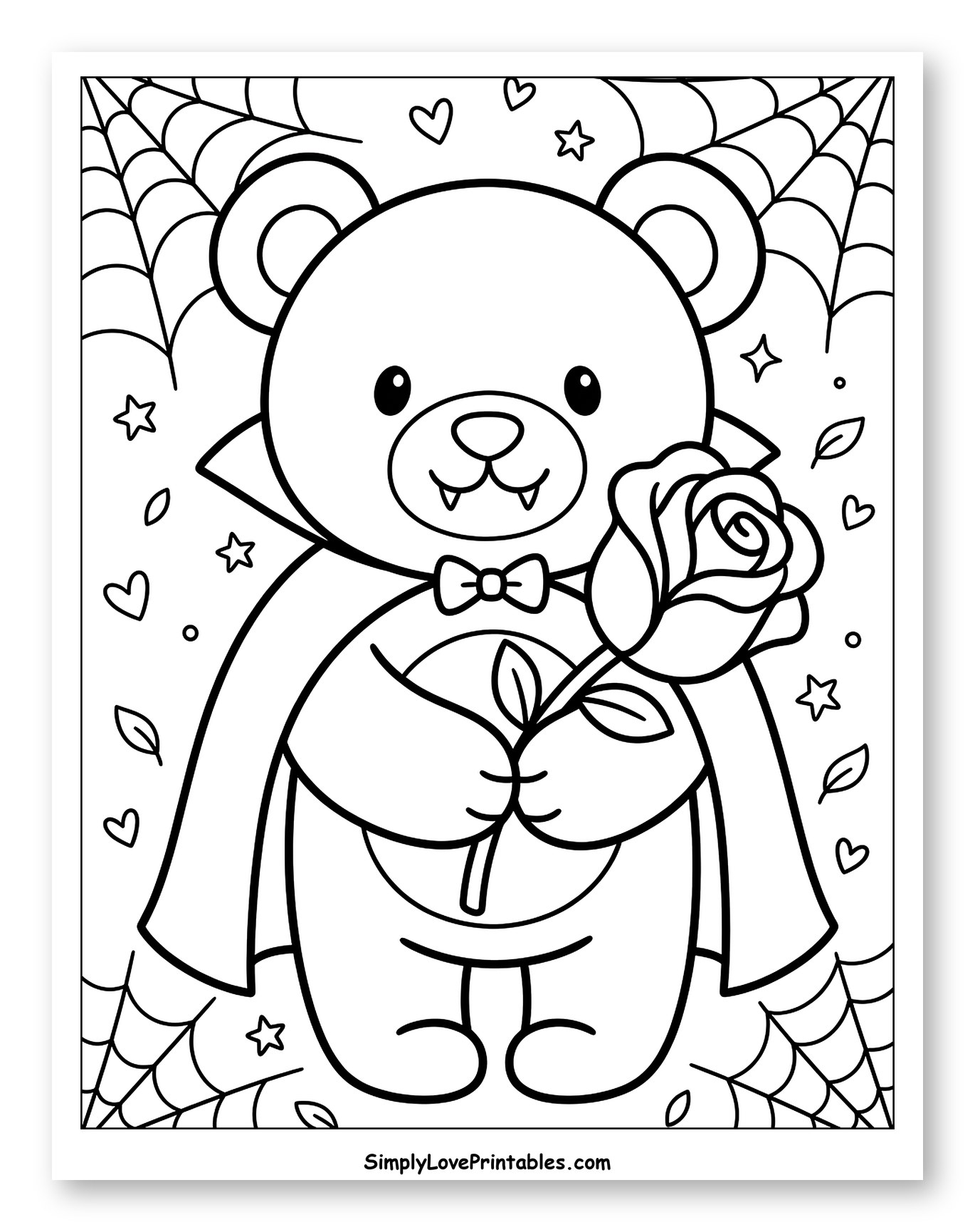 Adorable Vampire Bear with Rose and Webs Coloring Page for Adults