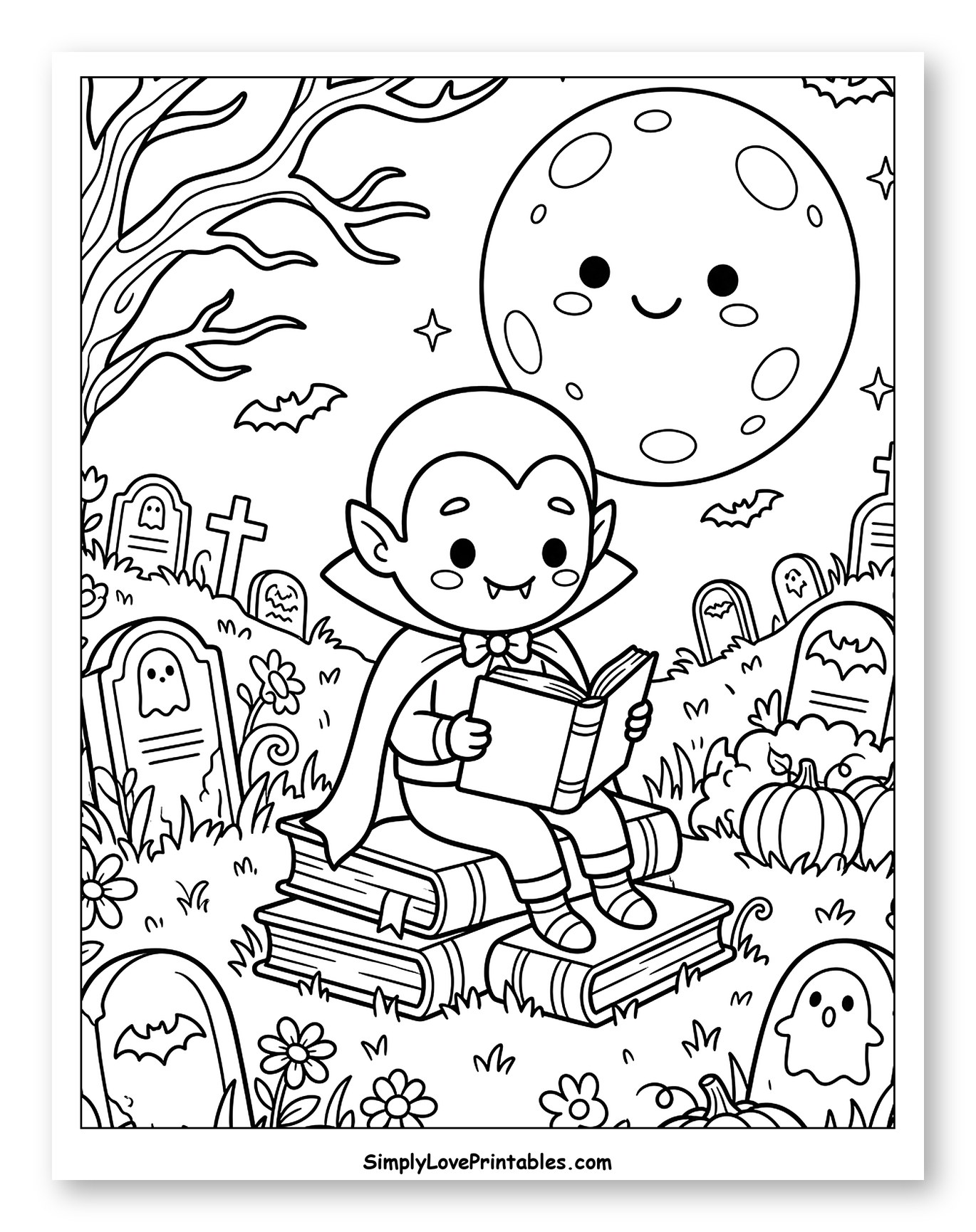 Adorable Vampire Reading on Books in Graveyard Coloring Page for Kids