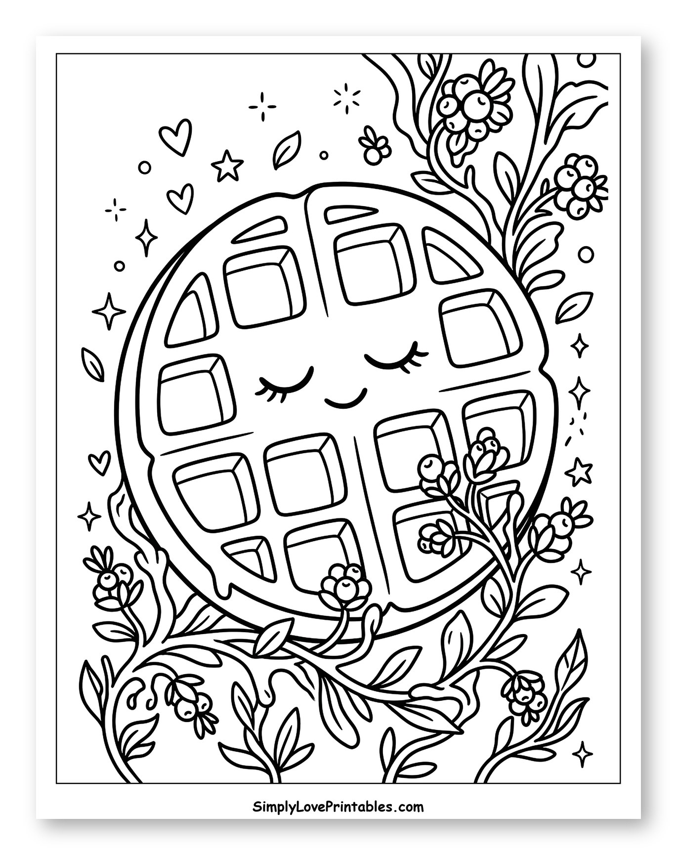 Adorable Waffle with Berries, Vines, and Hearts Coloring Sheet for Adults