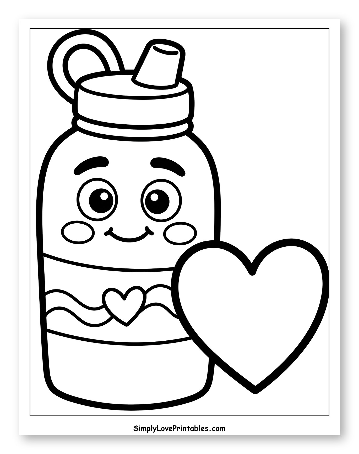Adorable Water Bottle with a Big Heart Coloring Sheet for Toddlers