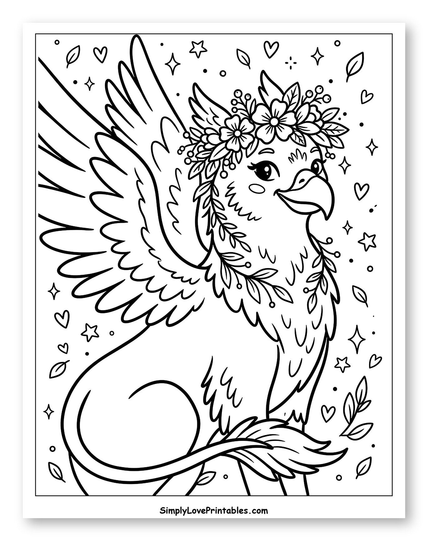 Adorable Winged Griffin with Flower Wreath