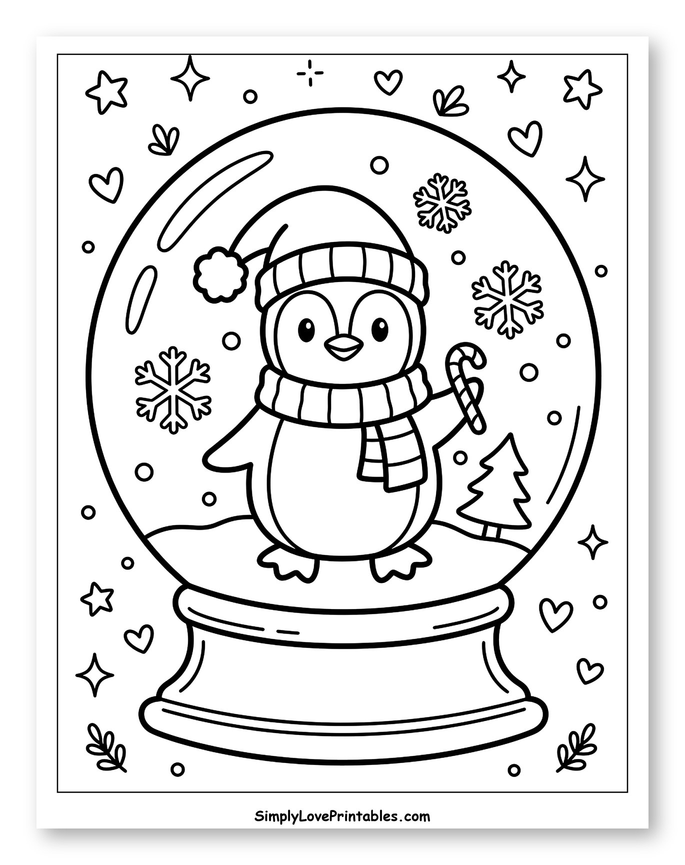 Adorable Winter Penguin in a Snow Globe Coloring Sheet for Adults