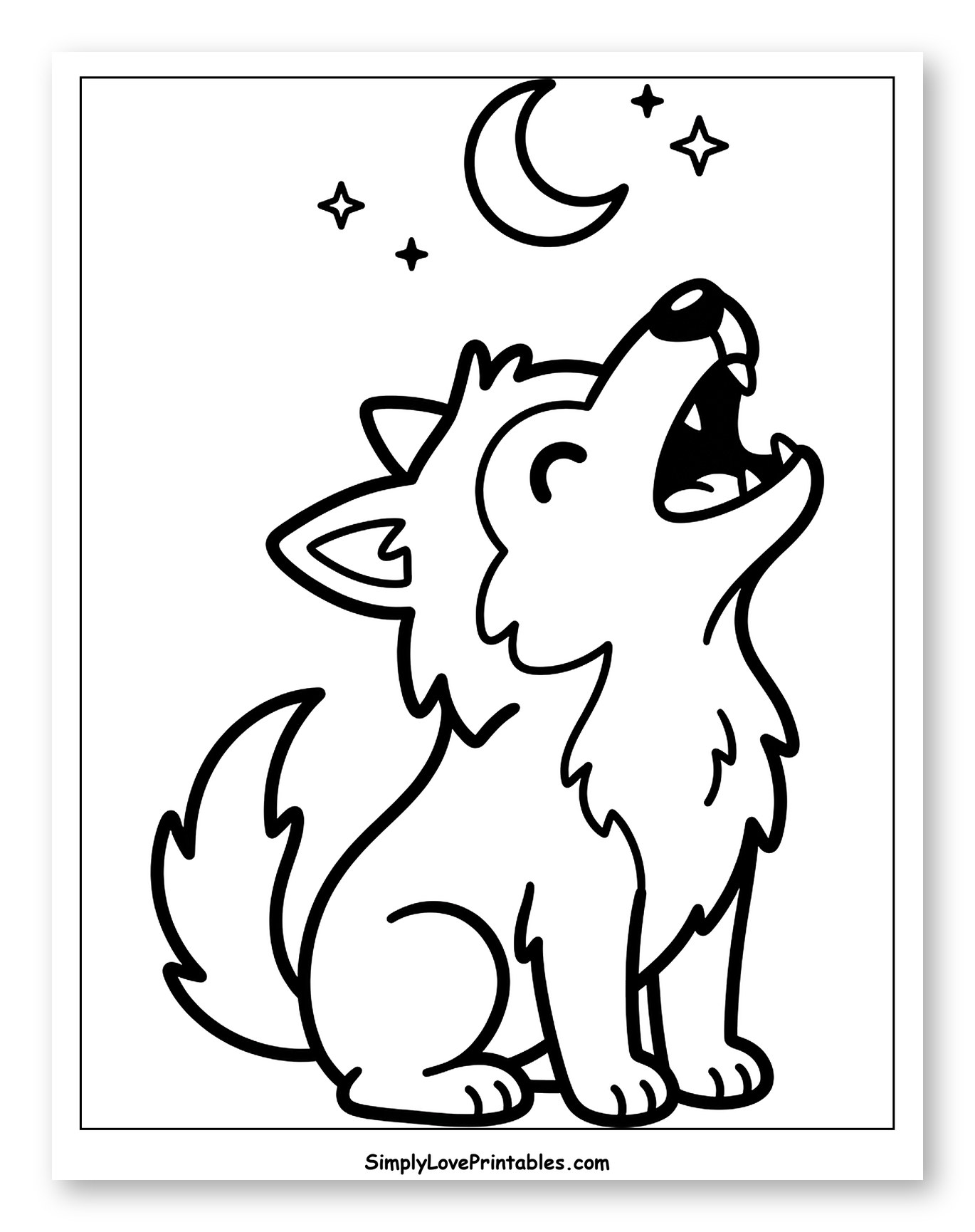 Adorable Wolf Howling Under the Moon to Color for Toddlers