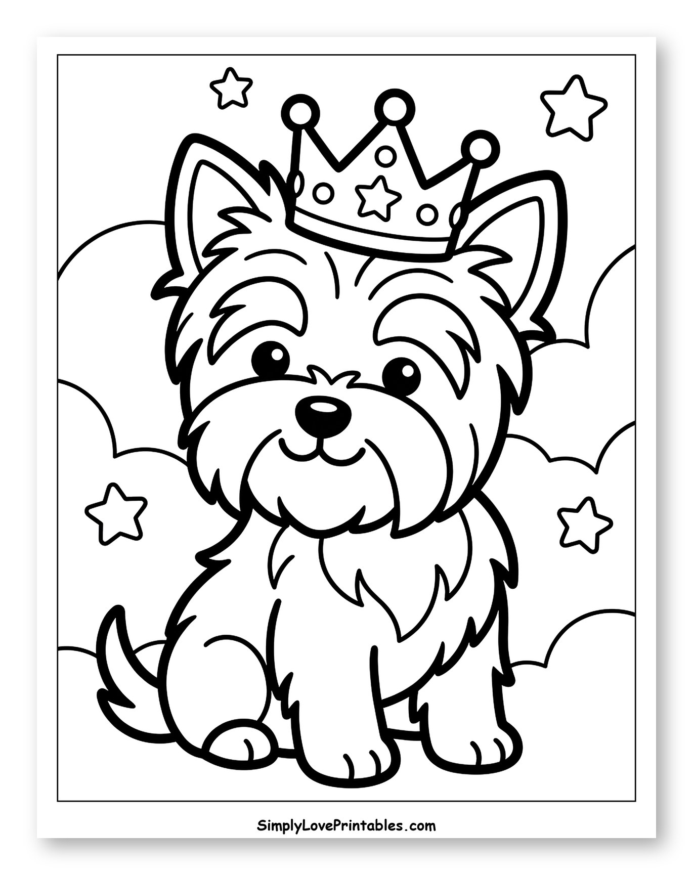Adorable Yorkie Puppy with a Crown Coloring Page for Toddlers