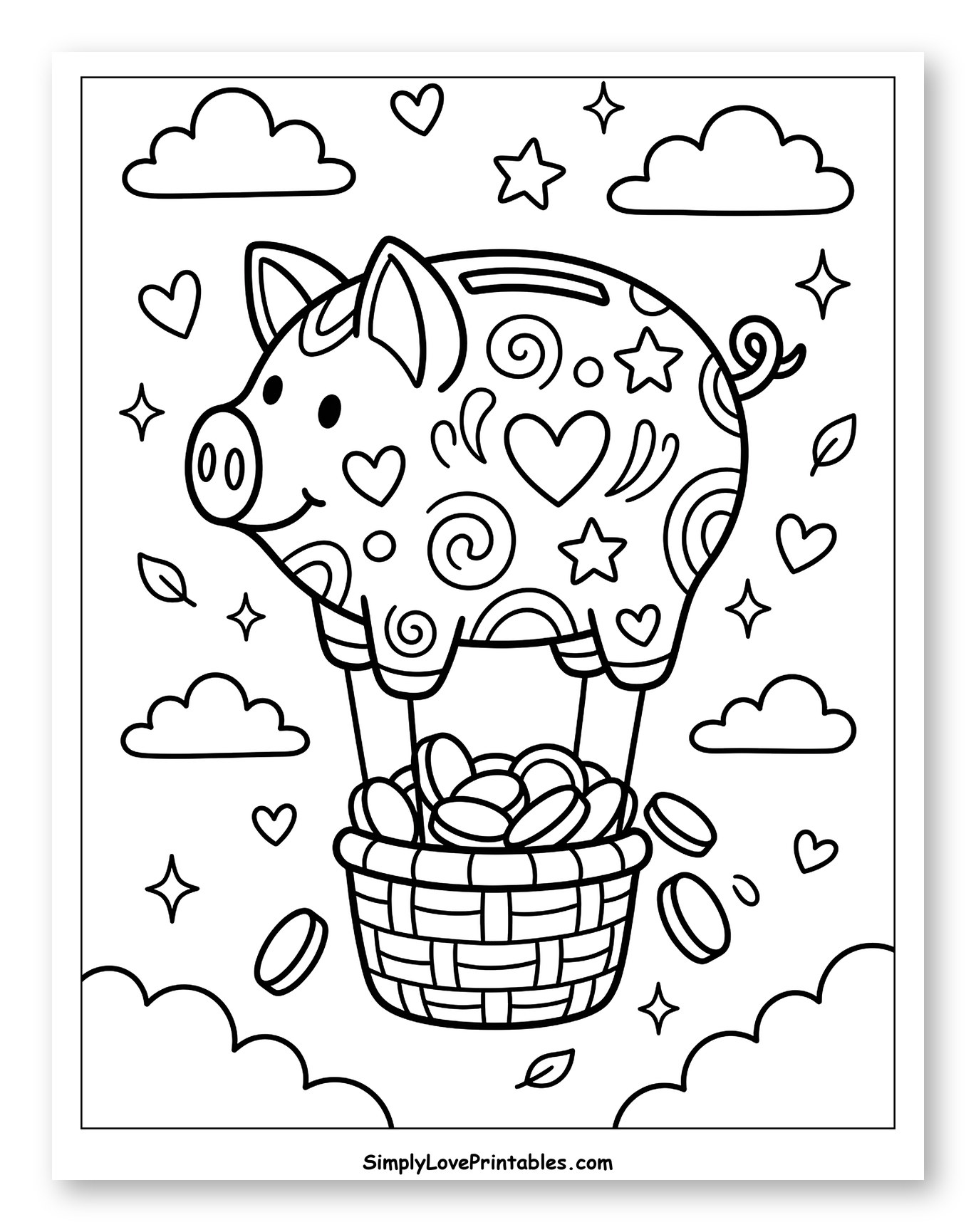 Adorned Piggy Bank Hot Air Balloon Coloring Page for Adults