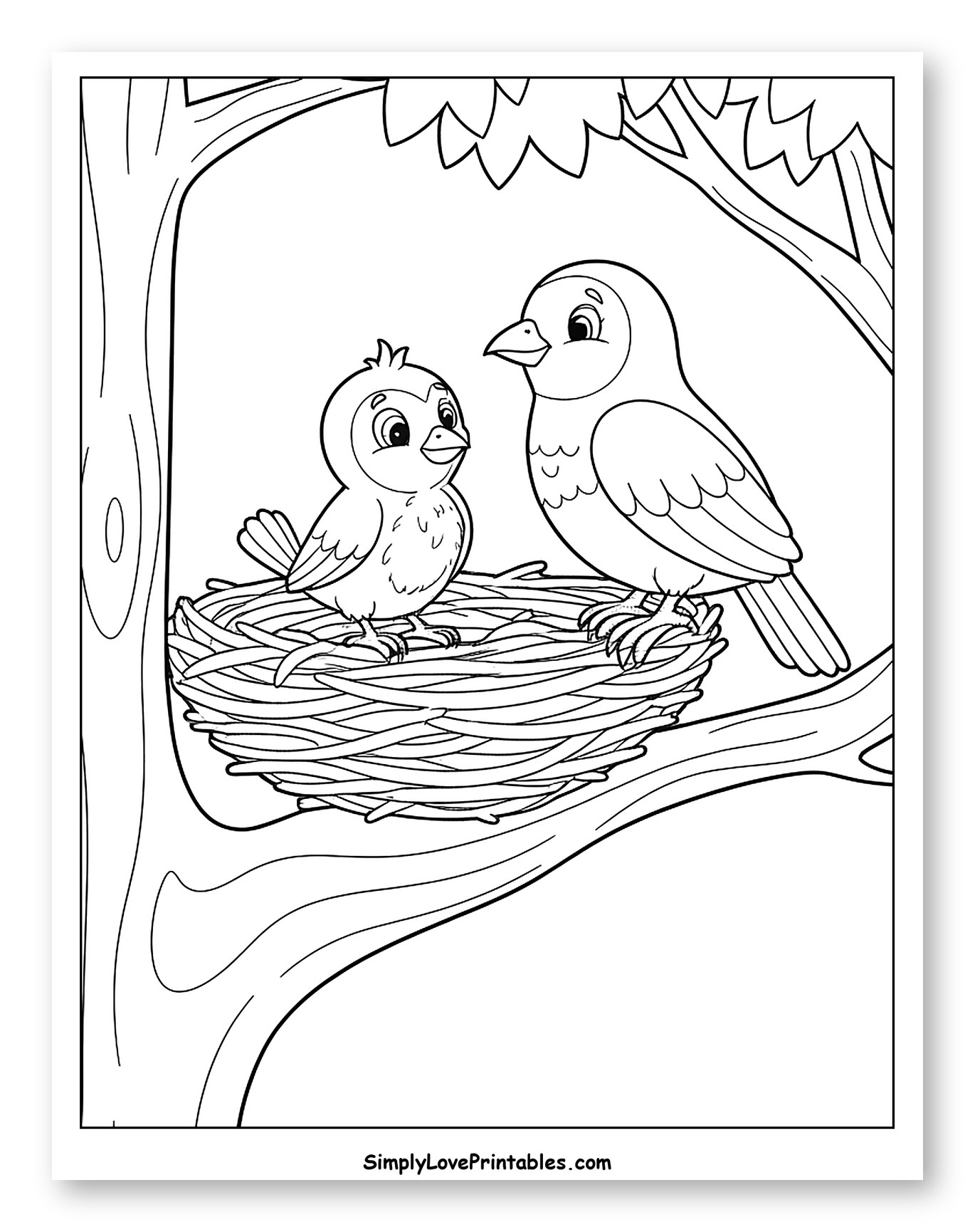 Adult and Baby Birds in a Nest Coloring Page for Kids