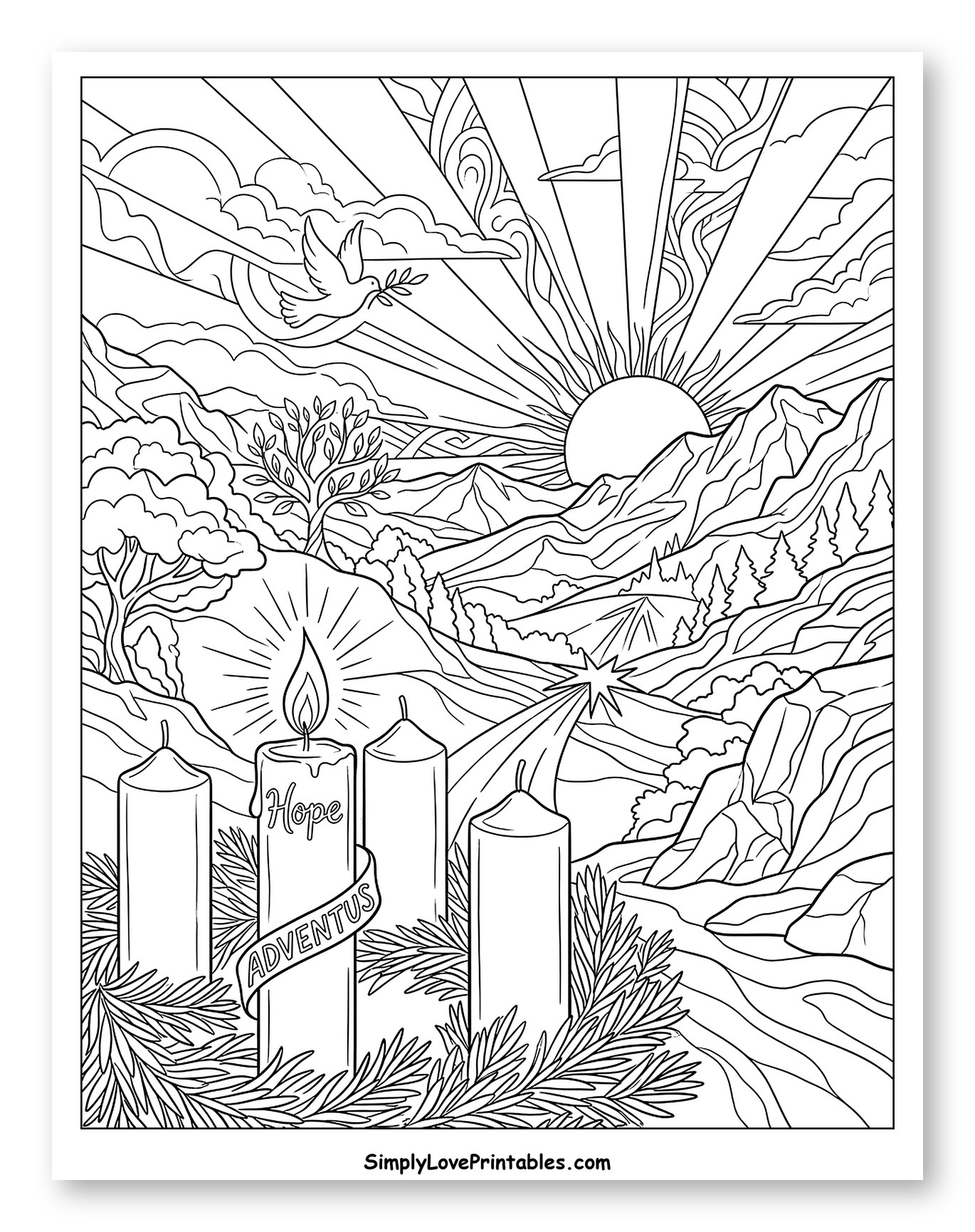 Advent Wreath, Dove, and Sunrise Over Mountains Coloring Sheet