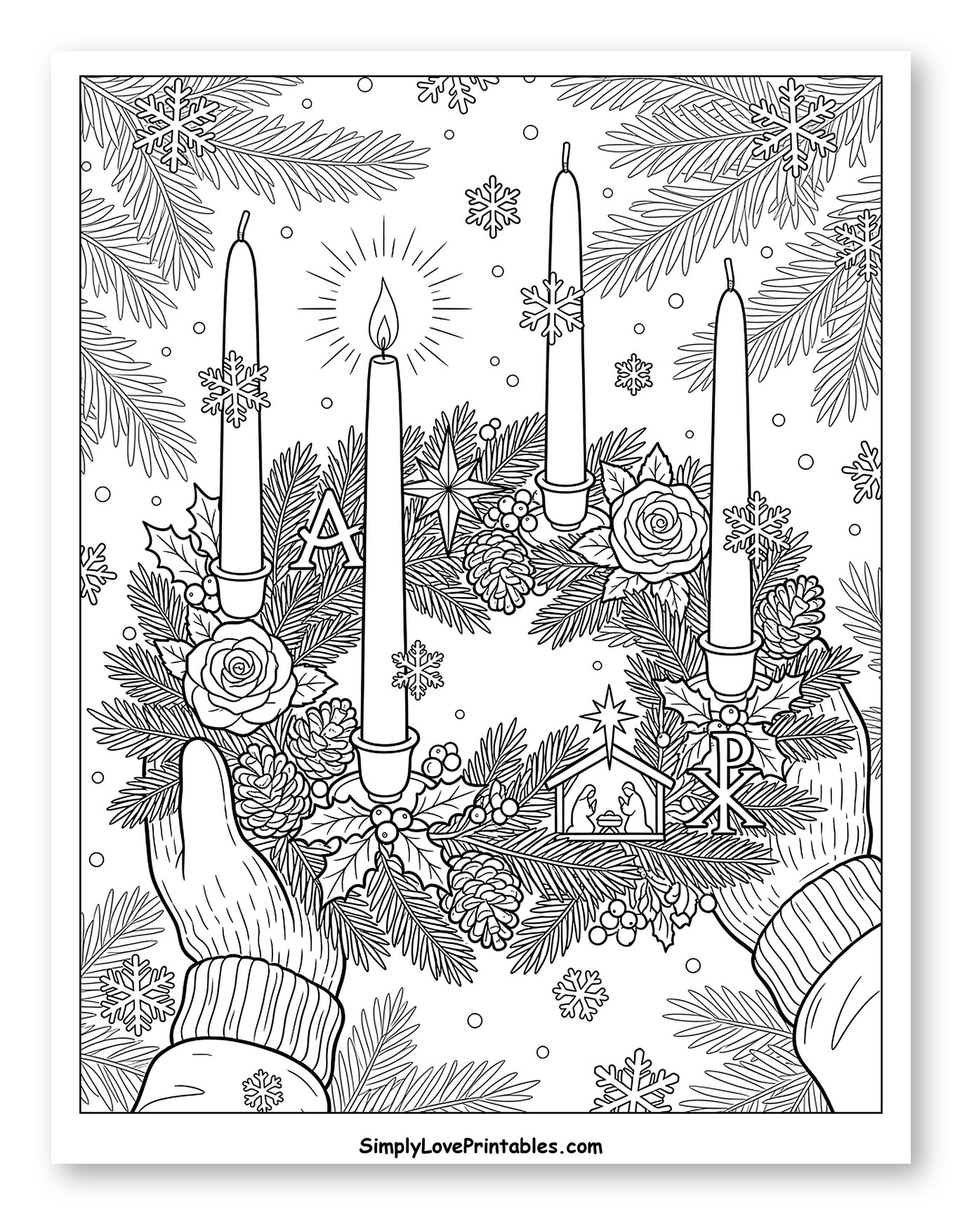 Advent Wreath with Candles, Nativity, and Hands Coloring Sheet