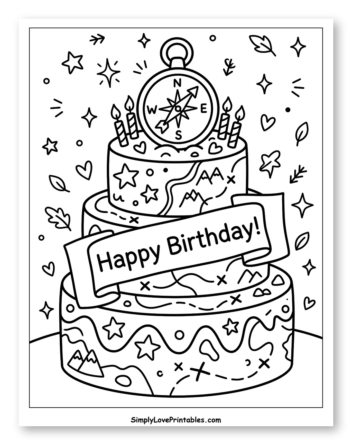 Adventure Birthday Cake with Compass and Map Coloring Page for Adults