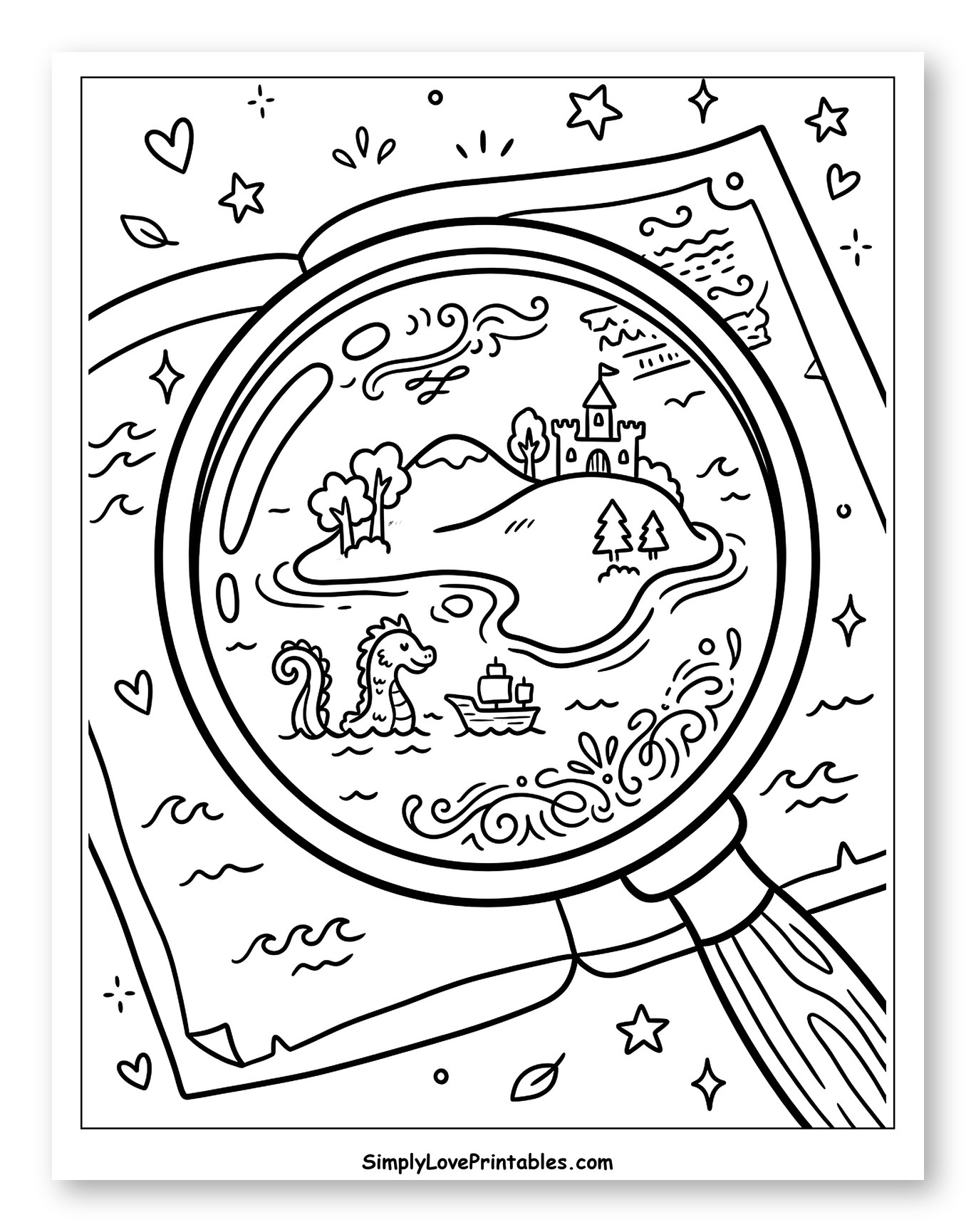 Adventure Map Seen Through Magnifying Glass to Color for Adults