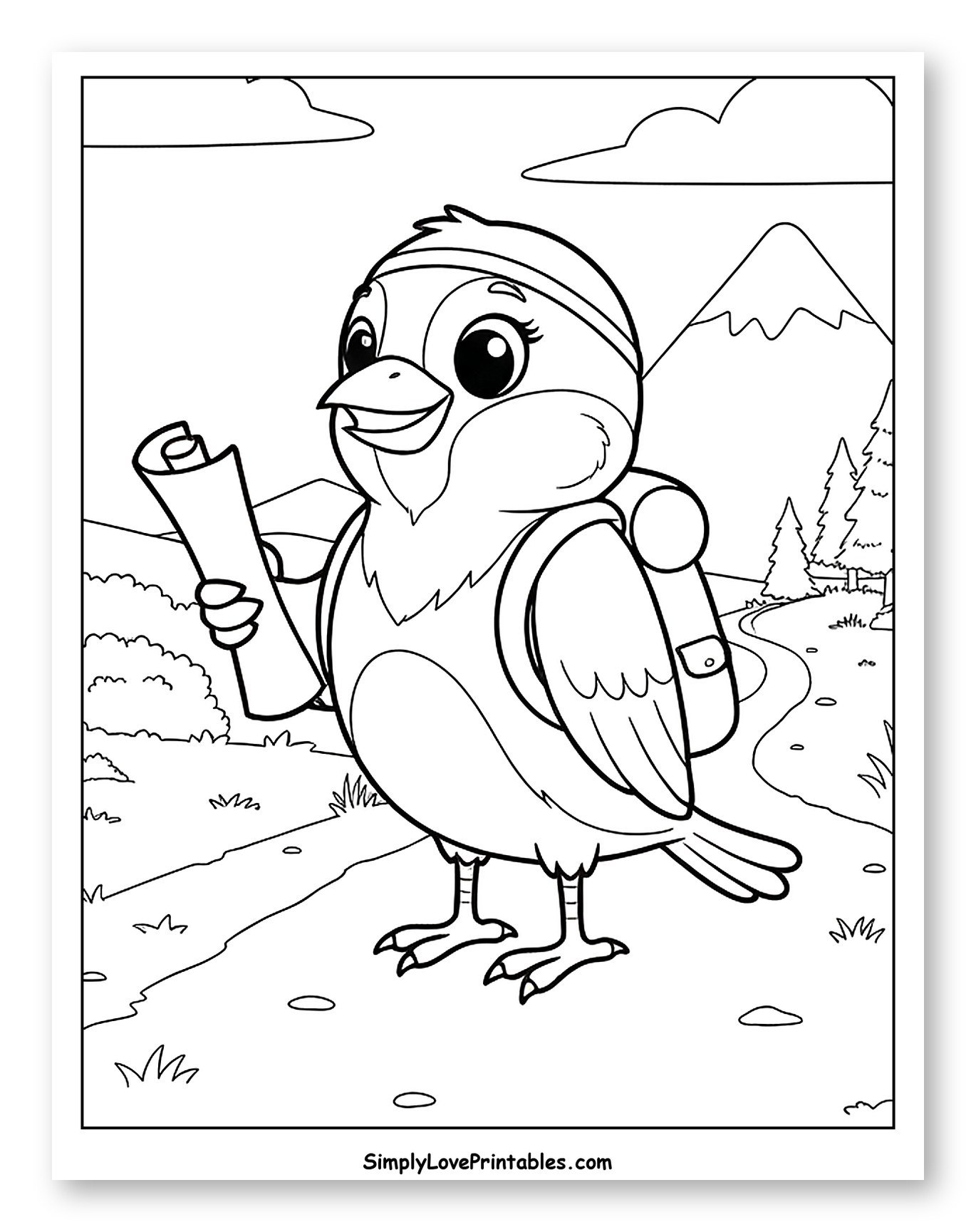 Adventurous Bird with Backpack and Scroll Coloring Sheet for Kids