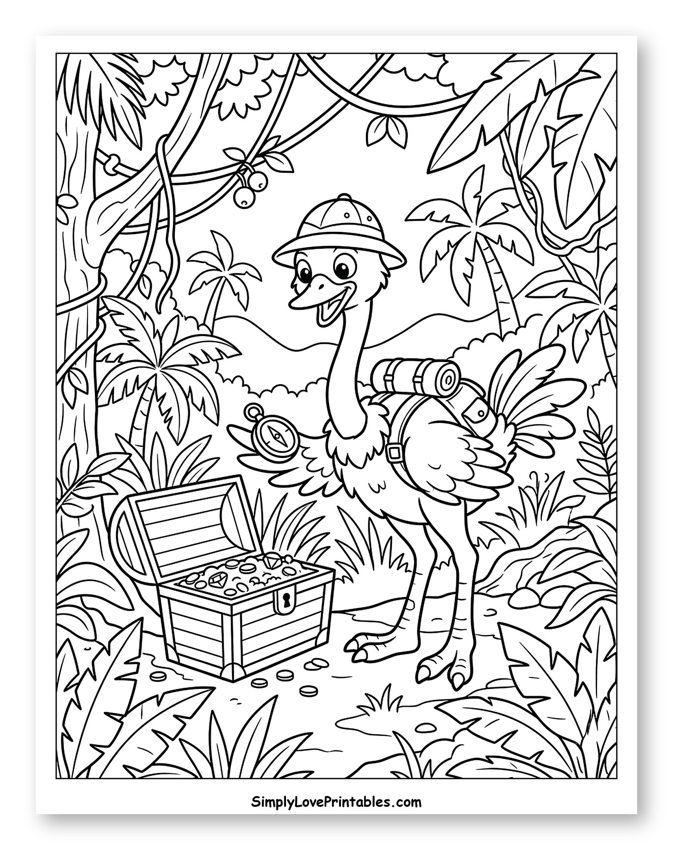 Adventurous Ostrich Finds Jungle Treasure Coloring Page for Kids